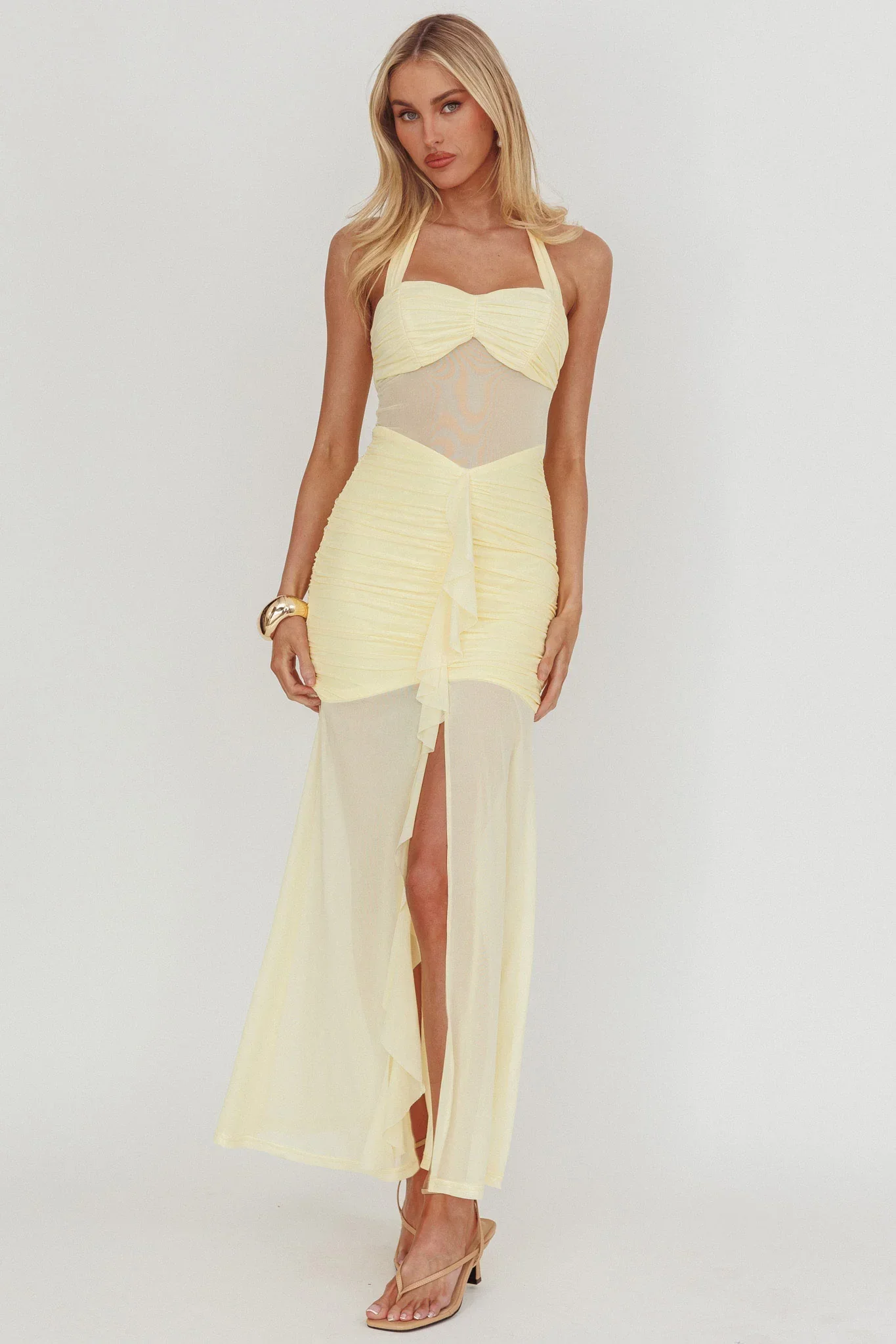 Rayah Sheer Insert Ruched Maxi Dress Yellow