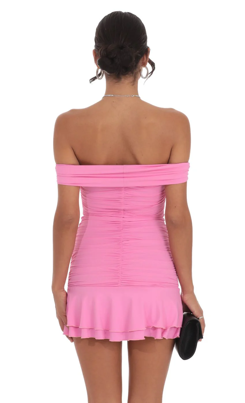 Off Shoulder Ruched Ruffle Dress in Pink