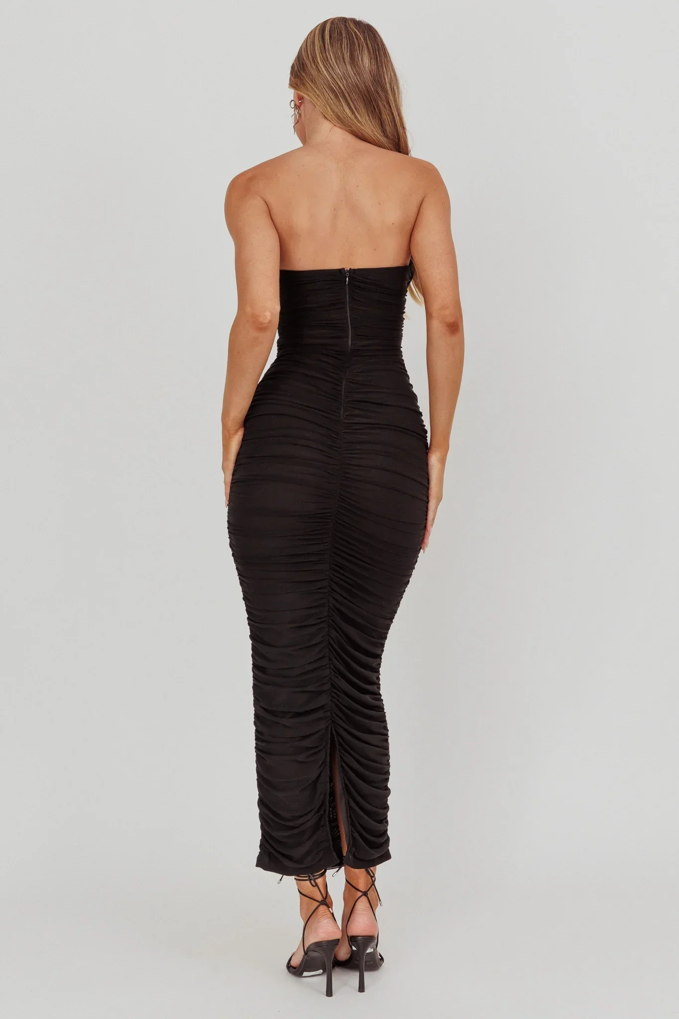 Midwest Strapless Gathered Mesh Maxi Dress Black