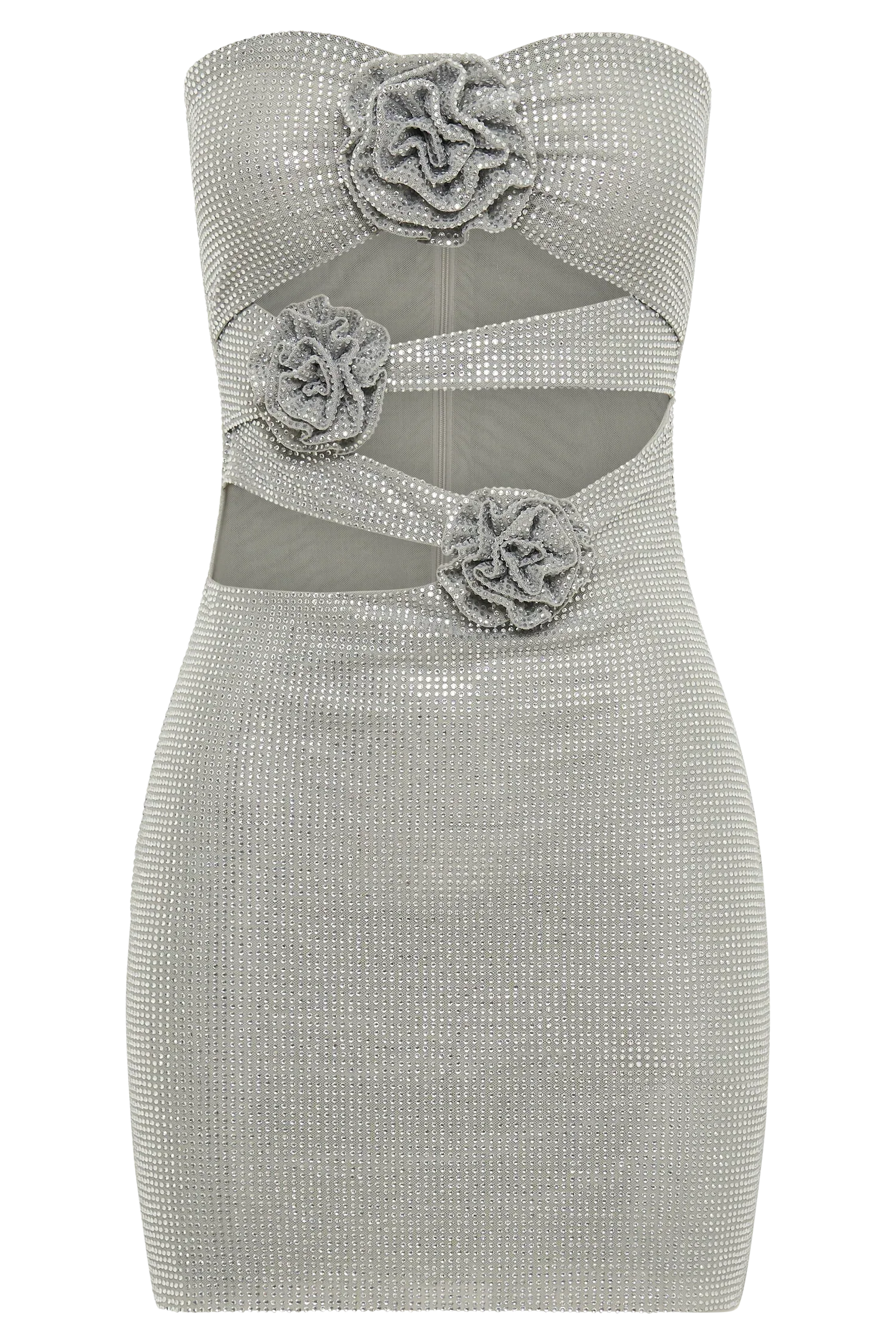 Korinna Strapless Rose Diamante Mini Dress - Silver