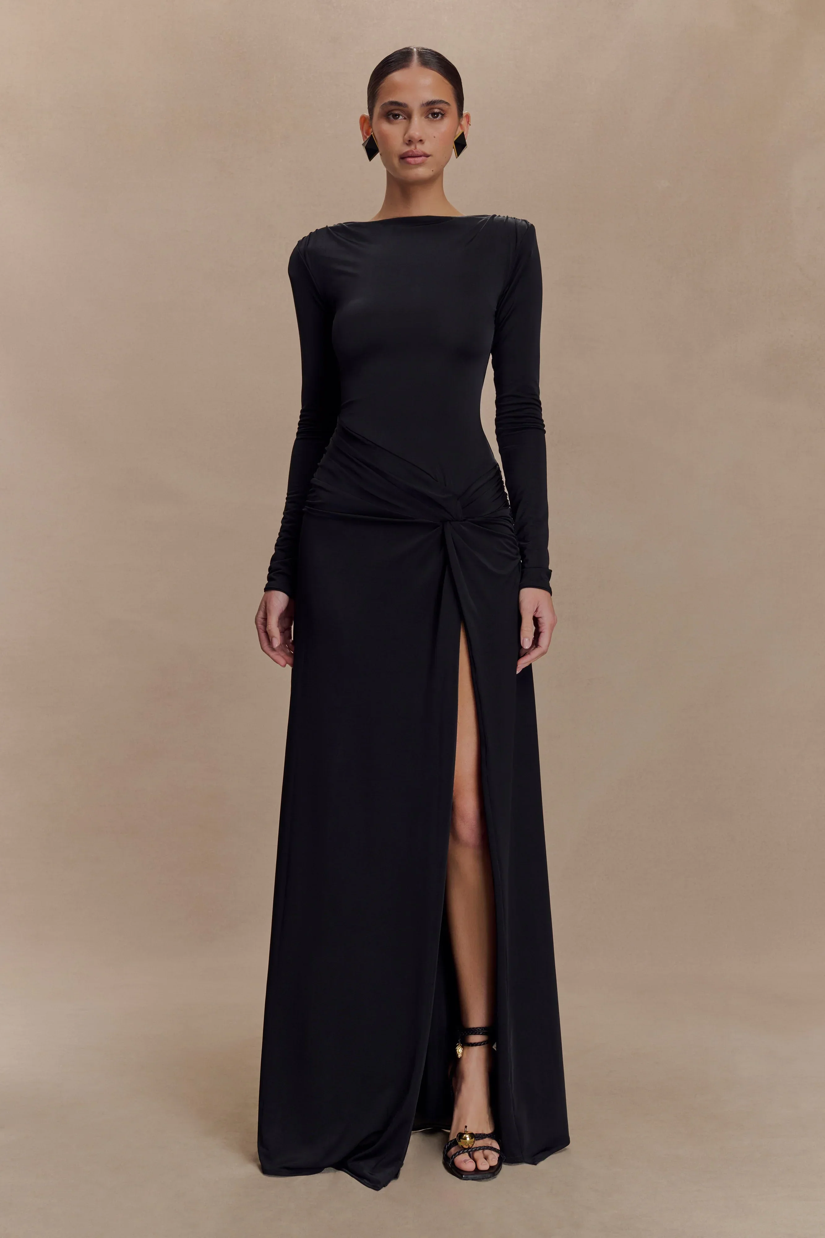Deanna Long Sleeve Gathered Maxi Dress - Black