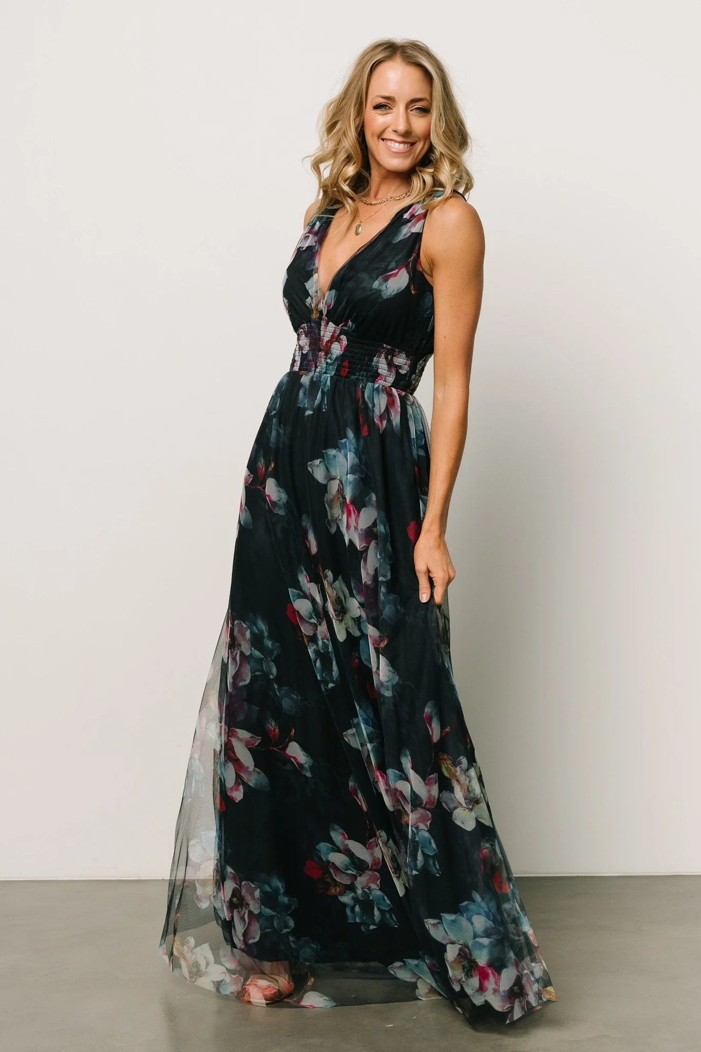Kamila Tulle Maxi Dress | Navy Abstract Floral