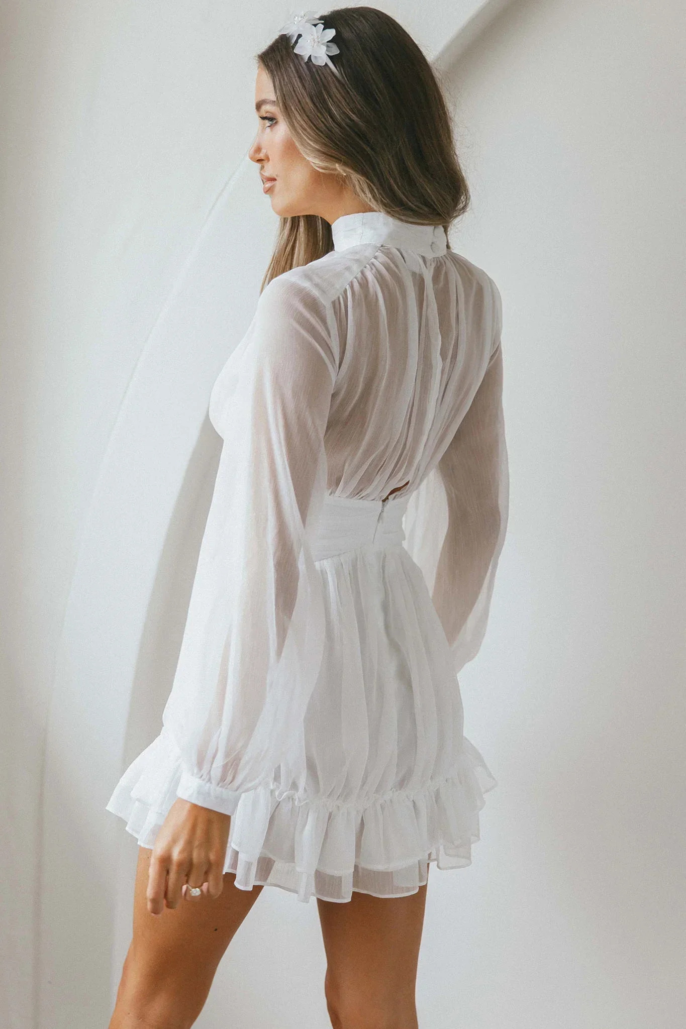 Mandalay High Neck Long Sleeve Waistband Dress White