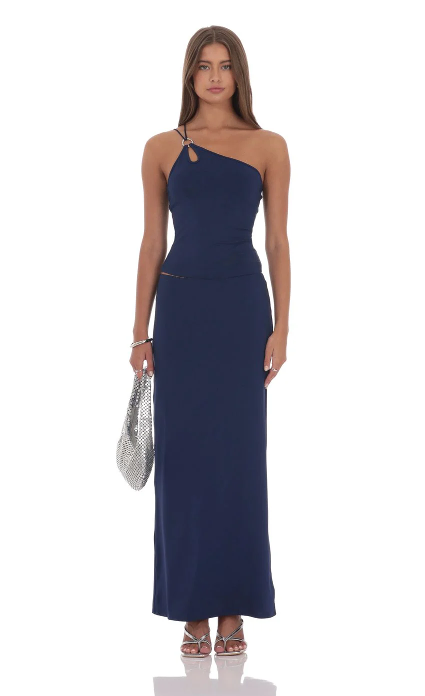 One Shoulder Embellished Two Piece Set in Navy
