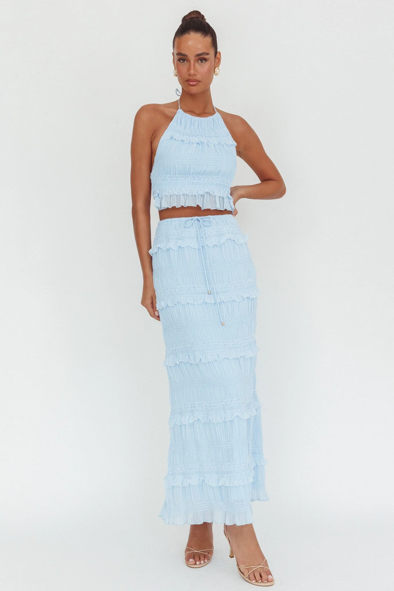 Helios Shirred Sequin Maxi Skirt Blue