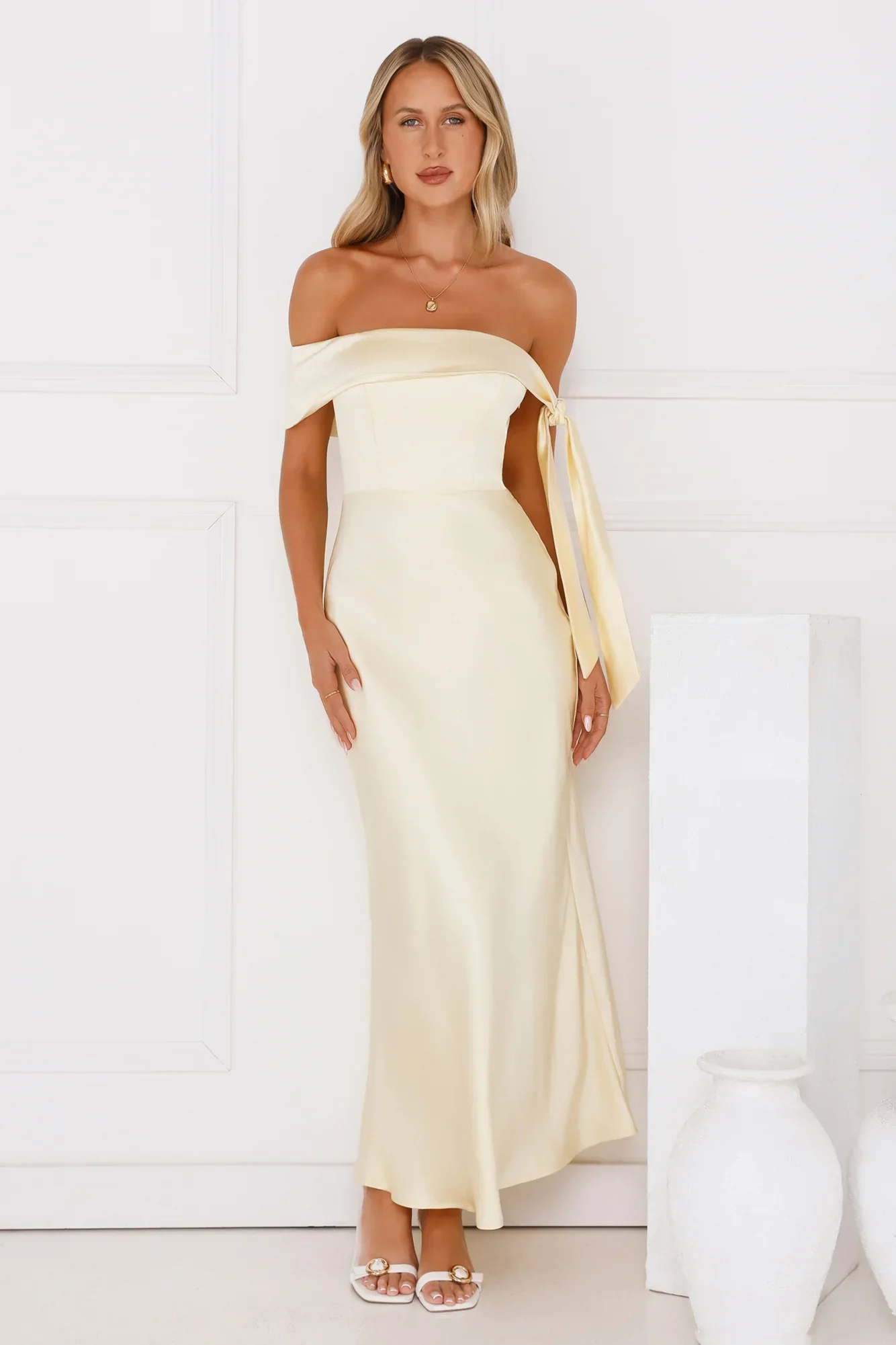 The Hype Off Shoulder Satin Midi Dress Yellow