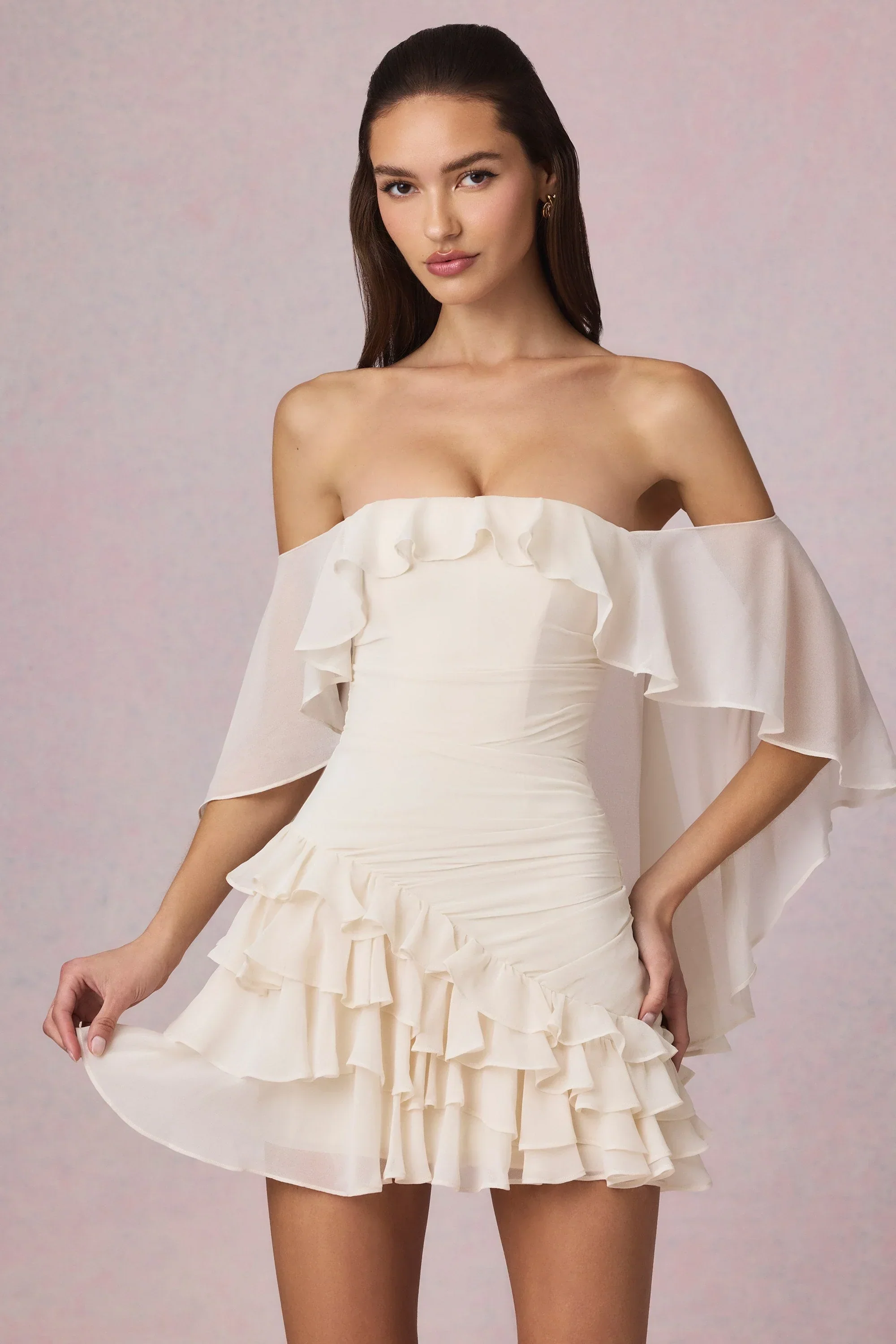 Off-Shoulder Ruffled Mini Dress in Ivory