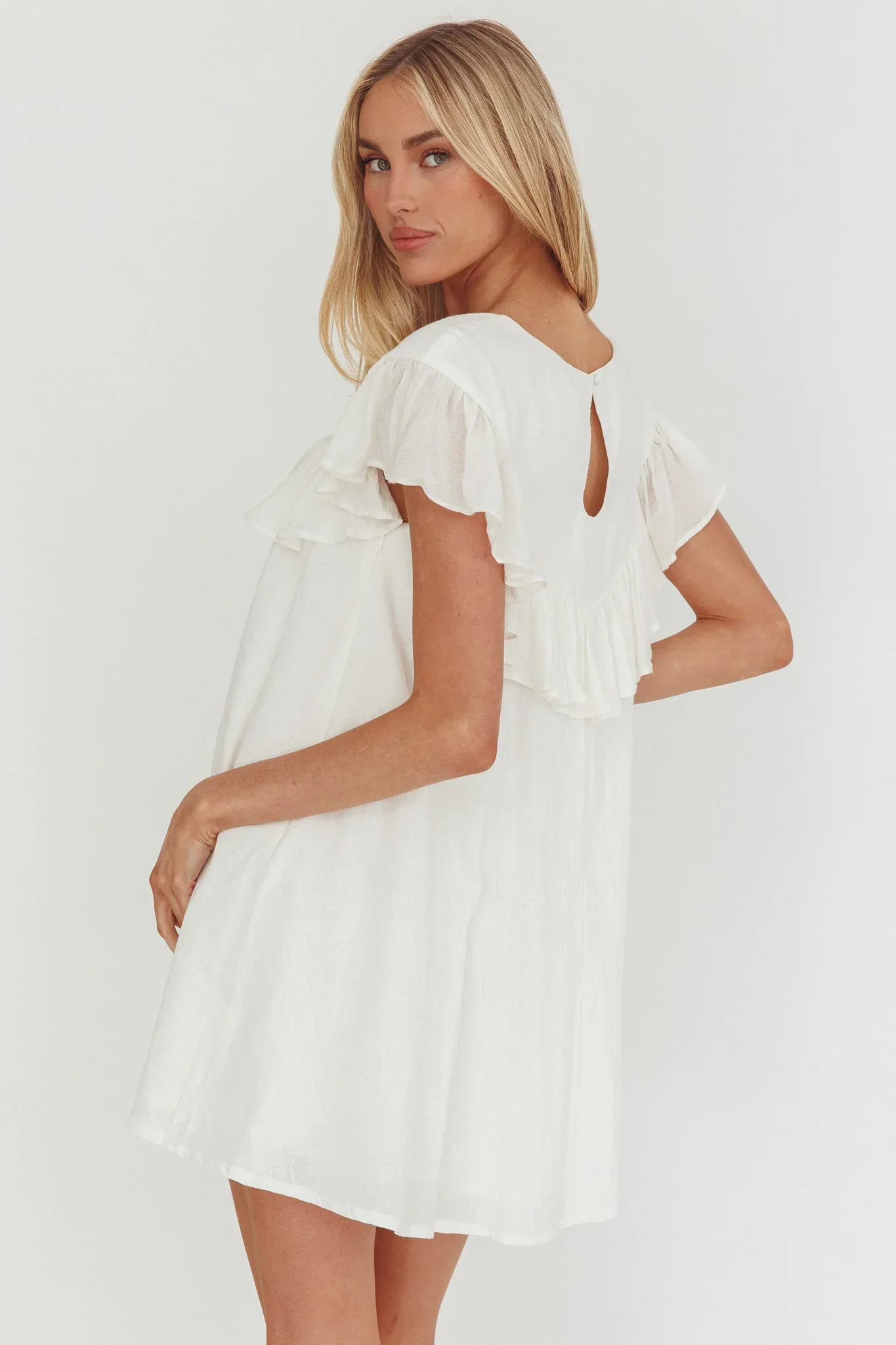 Sunshine Weekend Frill Trim Babydoll Mini Dress White