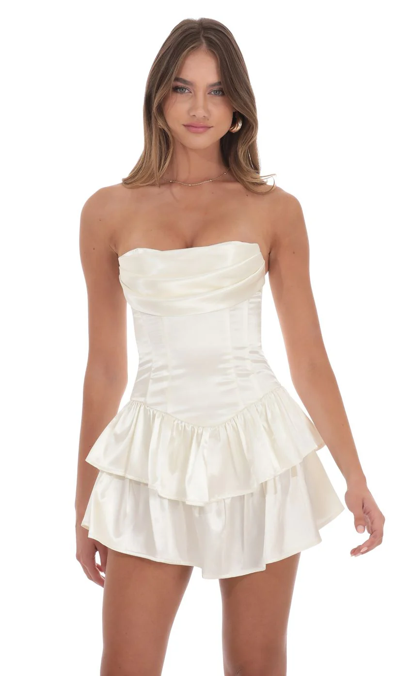 Satin Corset Strapless Dress in Ivory