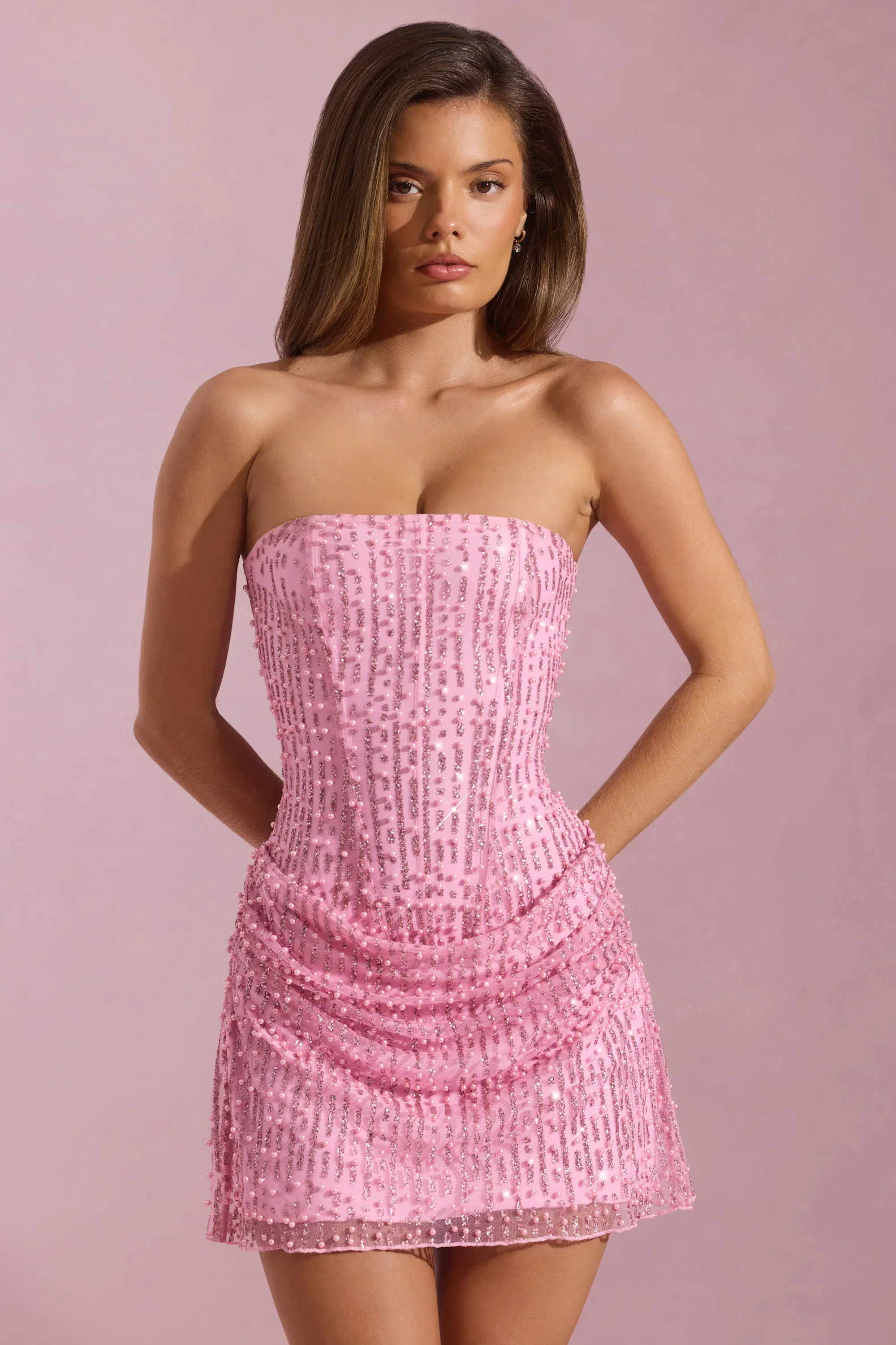 Embellished Draped Strapless A-Line Mini Dress in Pink