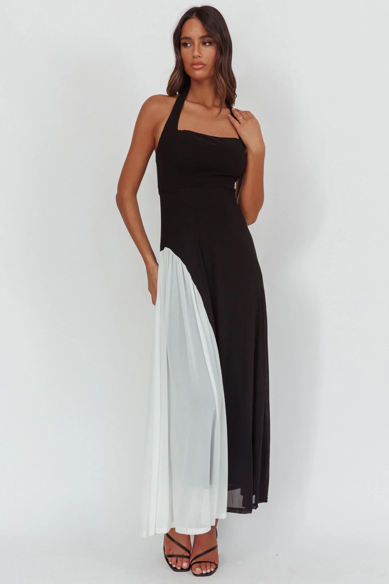 Lira Contrast Halter Maxi Dress Black White