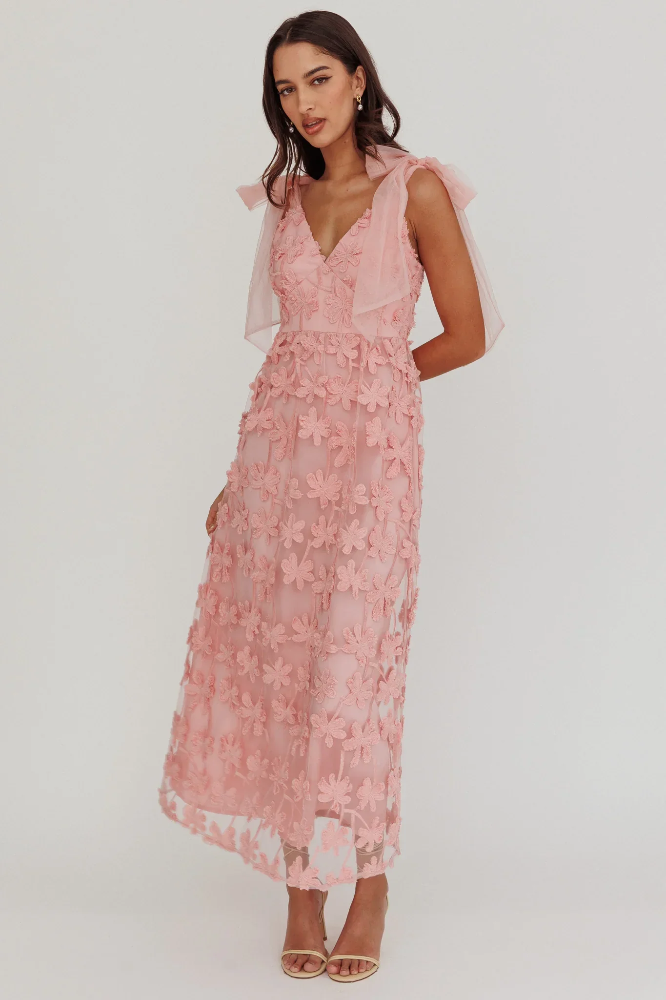 Mykonos Morning Tied Shoulder Tree Maxi Dress Blush