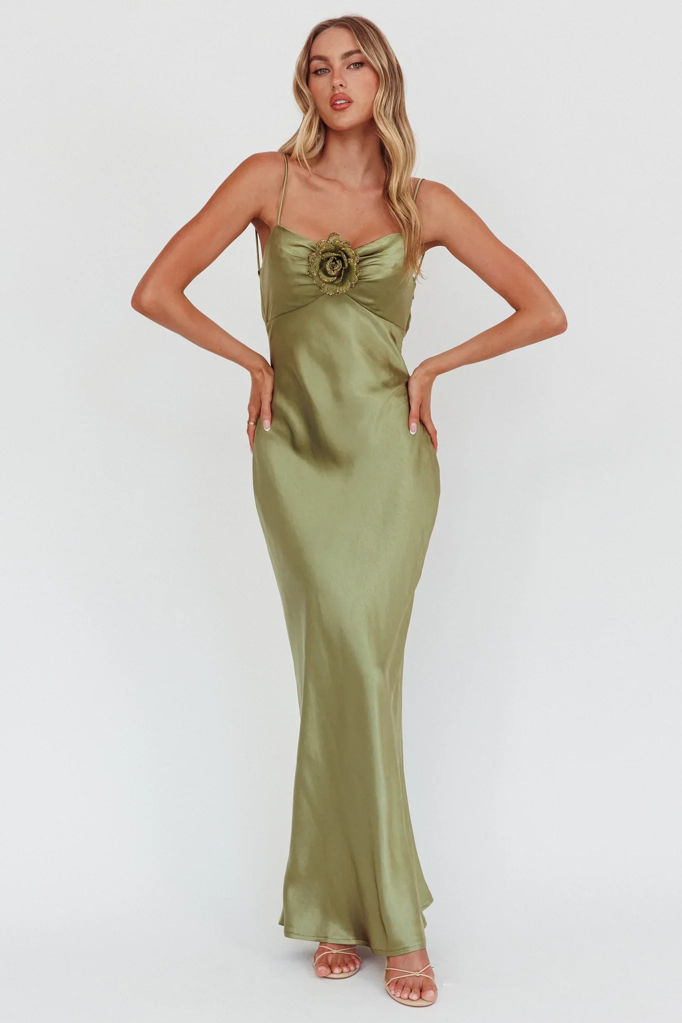 High Roller Cowl Back Rosette Maxi Dress Olive