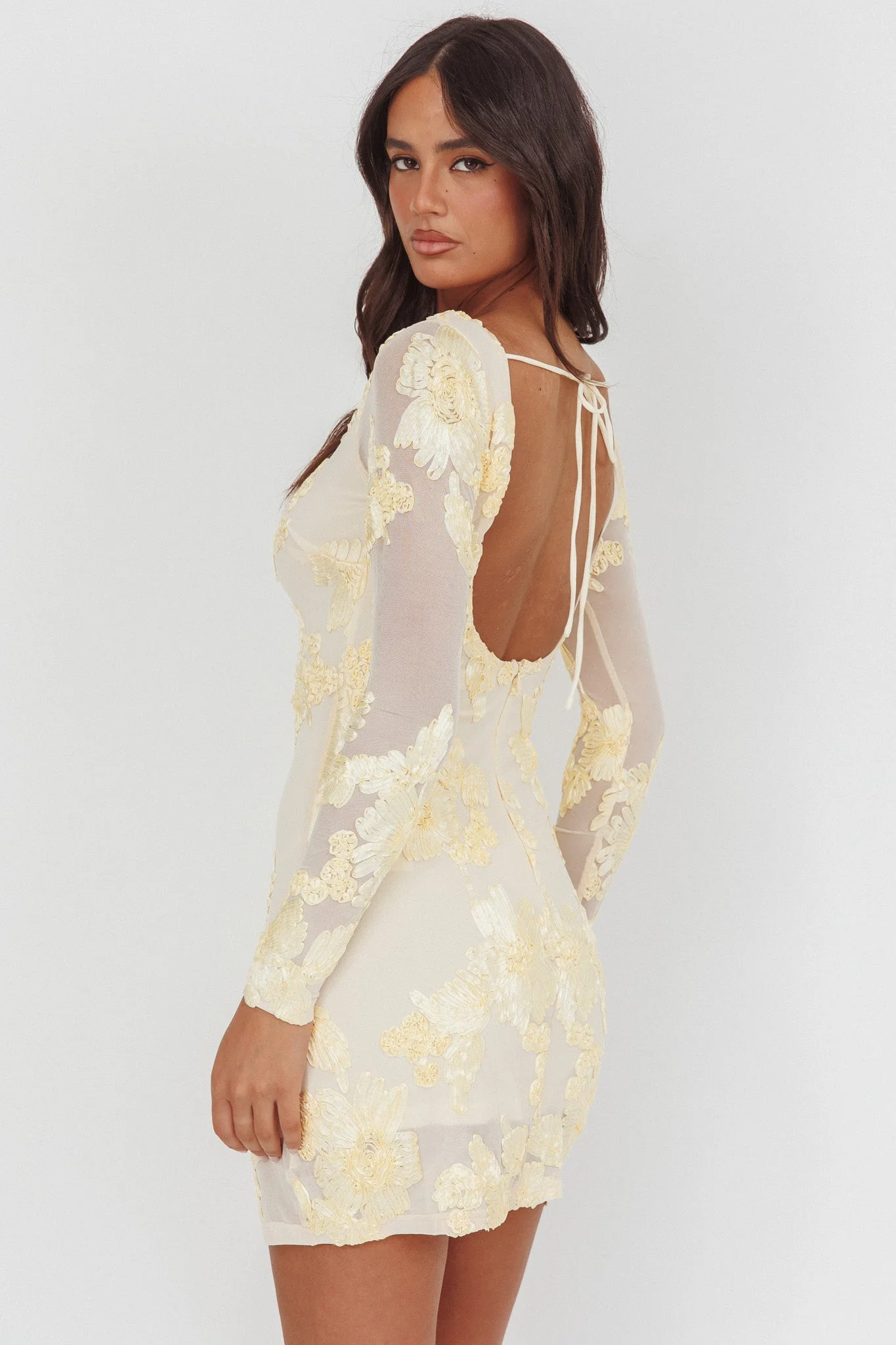 Karma Long Sleeve Scoop Back Dress Embellished Yellow