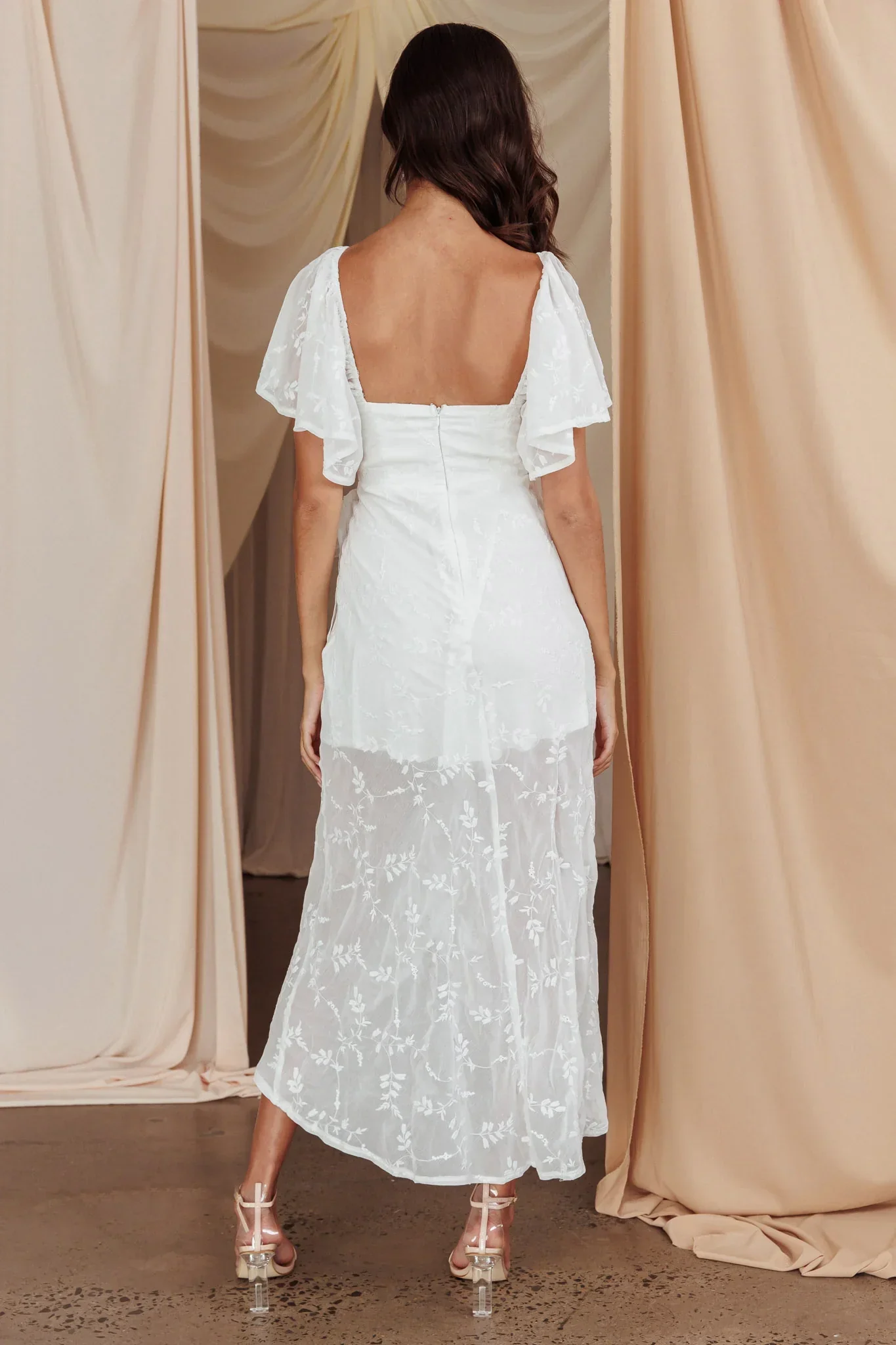 Aphrodite Molded Bust Angel Sleeve Midi Dress Floral White