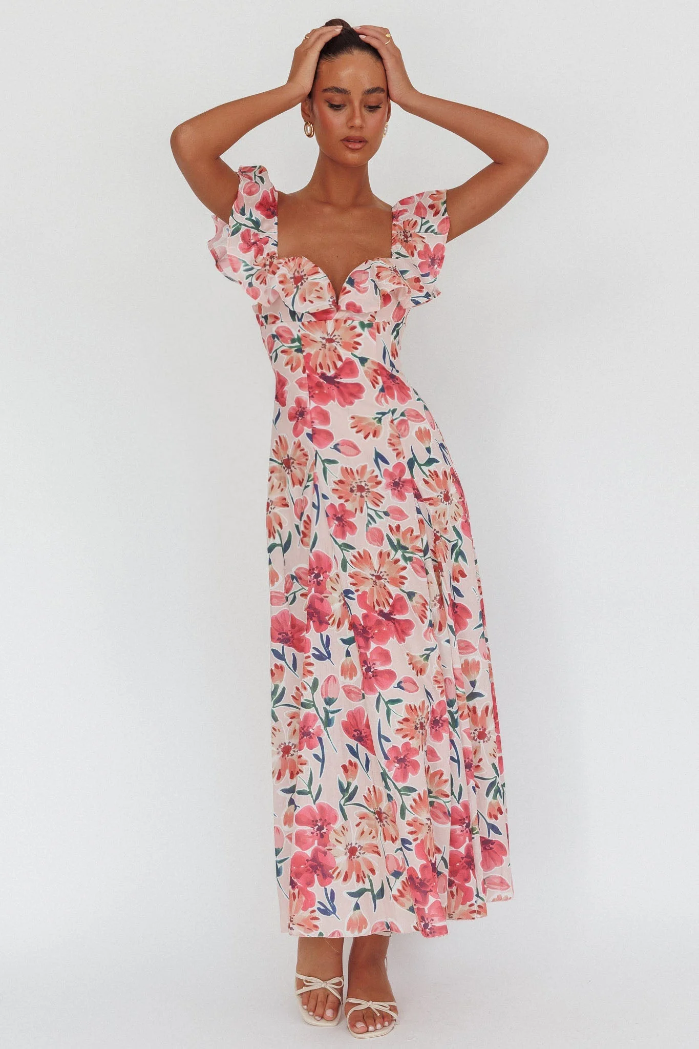 Palms Ruffle Sleeve Tied Back Maxi Dress Floral Pink