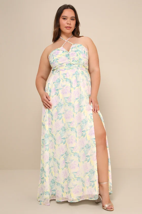 Effortlessly Abloom Green Multi Floral Ruched Halter Maxi Dress