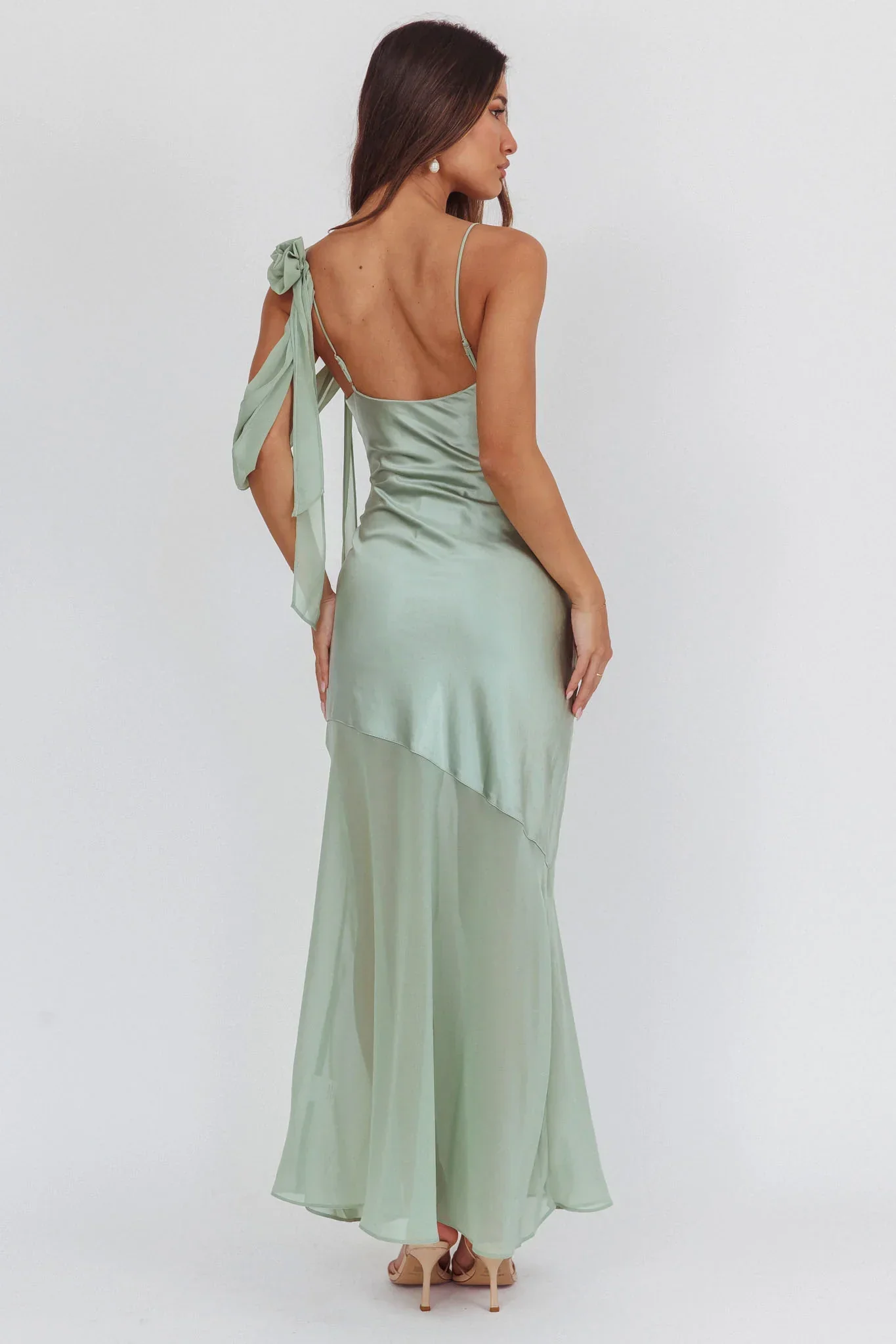 Gilded Dream Shoulder Detail Chiffon Hem Maxi Dress Sage