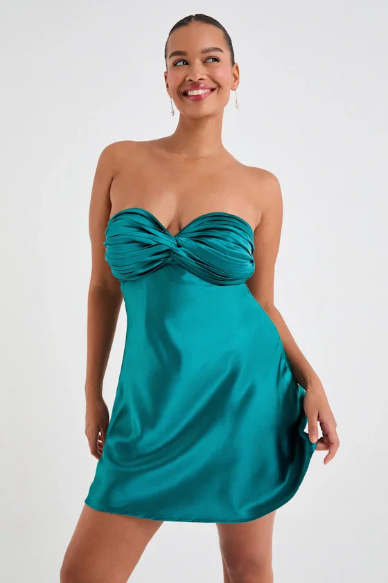 Narina Teal Green Satin Pleated Strapless Mini Dress