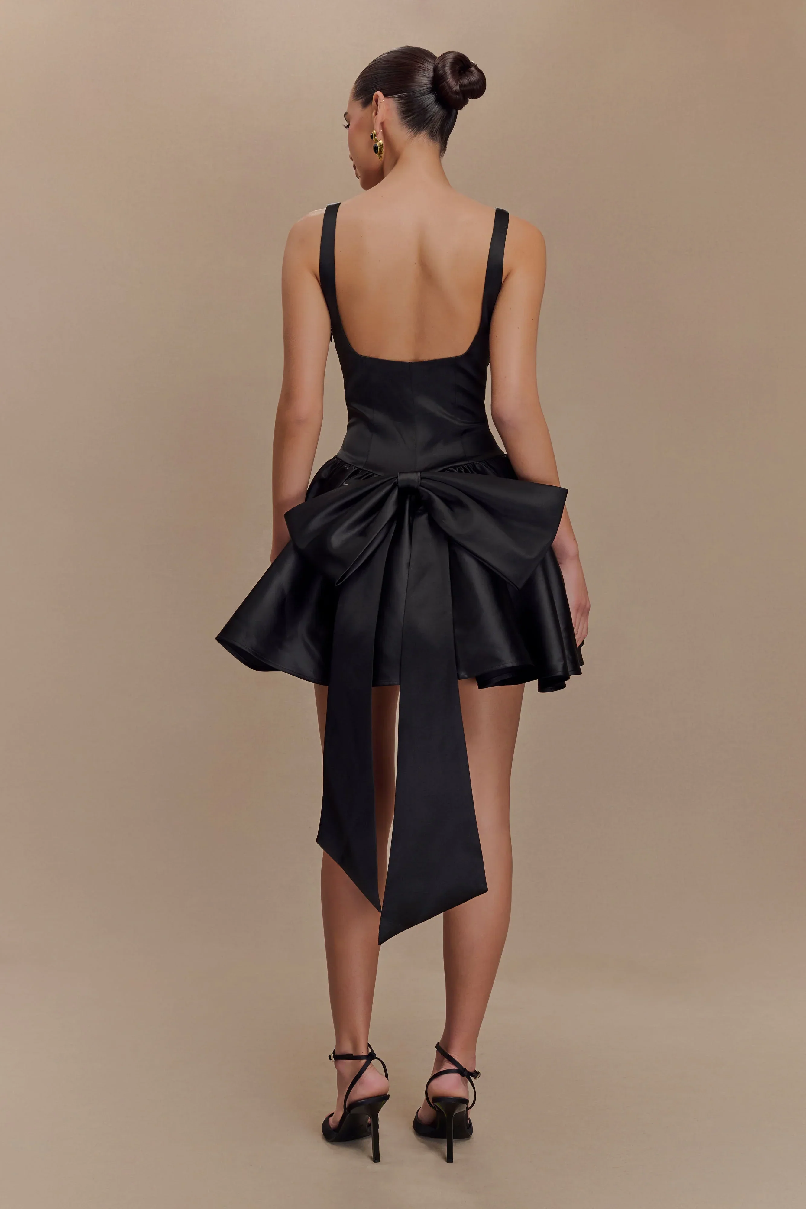 Felicia Satin Mini Dress With Bow - Black
