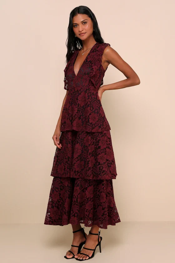 Molinetto Burgundy Lace Ruffled Tiered Sleeveless Maxi Dress