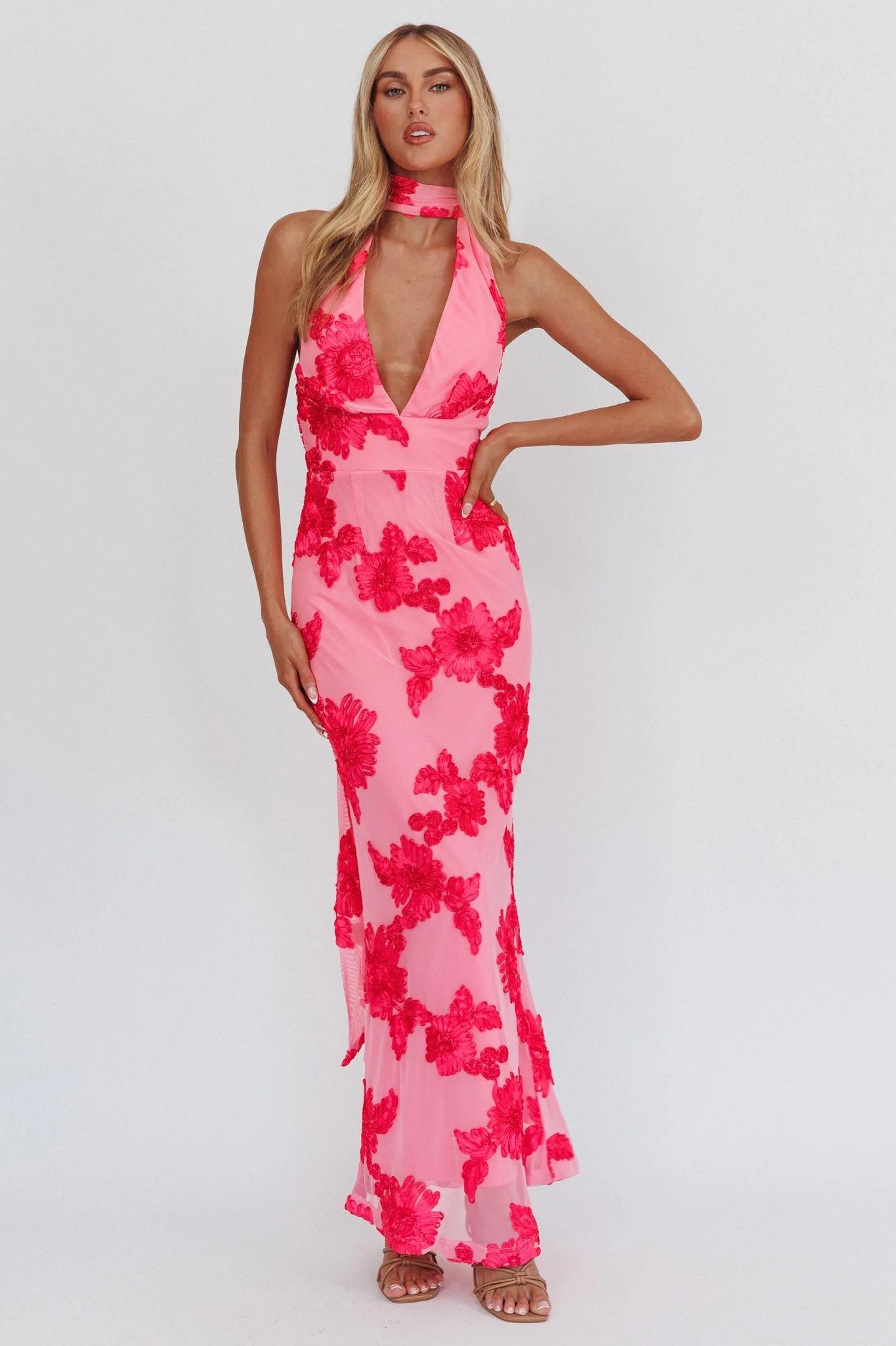 Cipriana Backless Halter Maxi Dress Embellished Pink