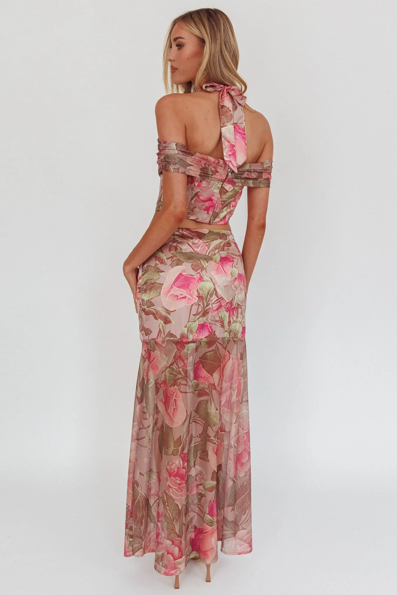 Sunset High Sheer Hem Maxi Skirt Floral Blush