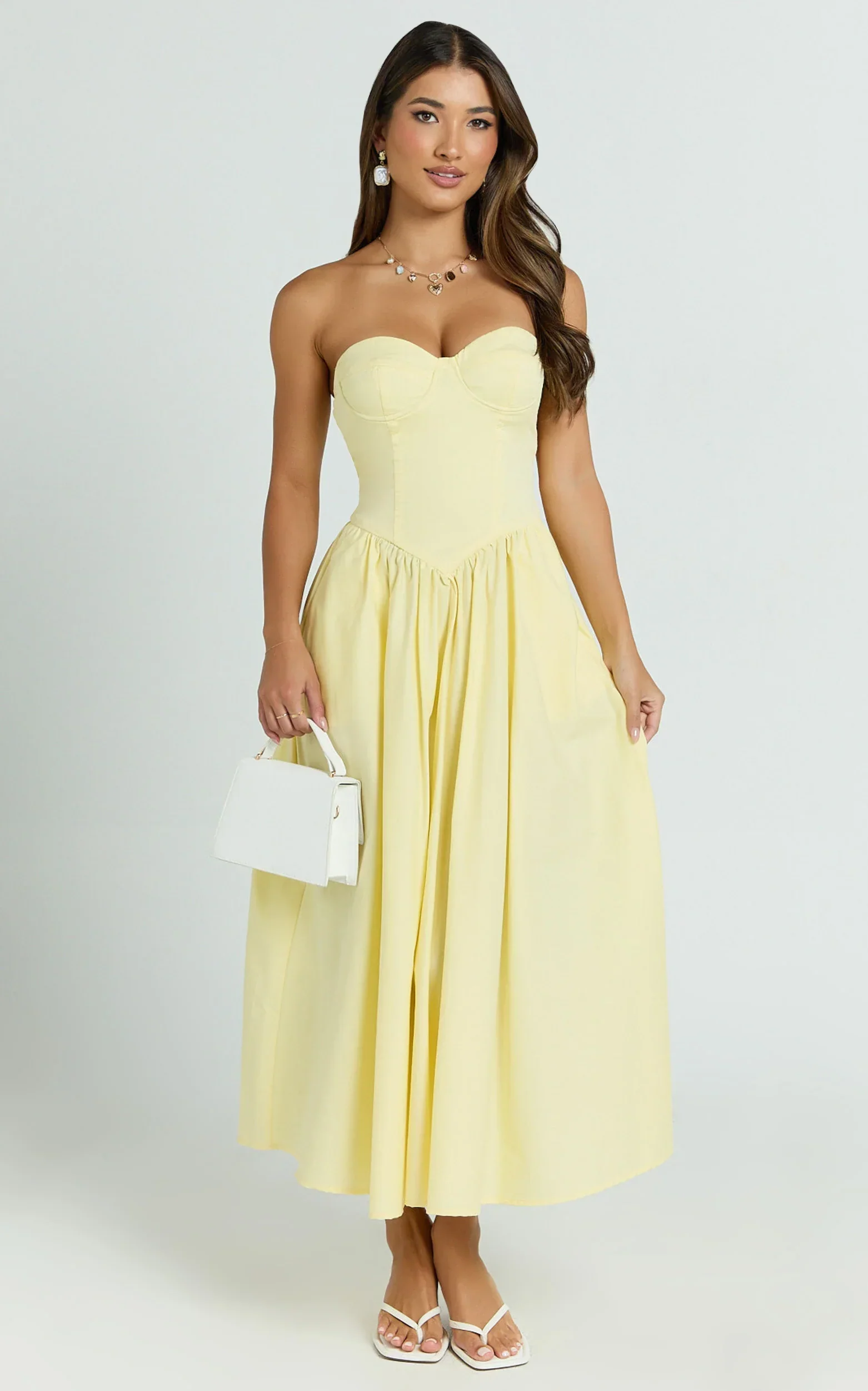 Daria Midi Dress Strapless Corset Gathered Dress in Lemon