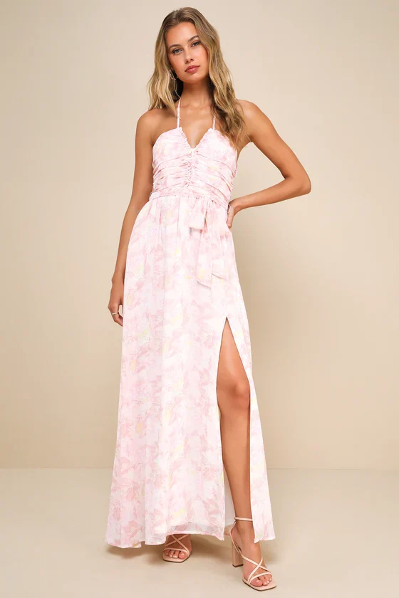 Effortlessly Abloom Light Pink Floral Ruched Halter Maxi Dress