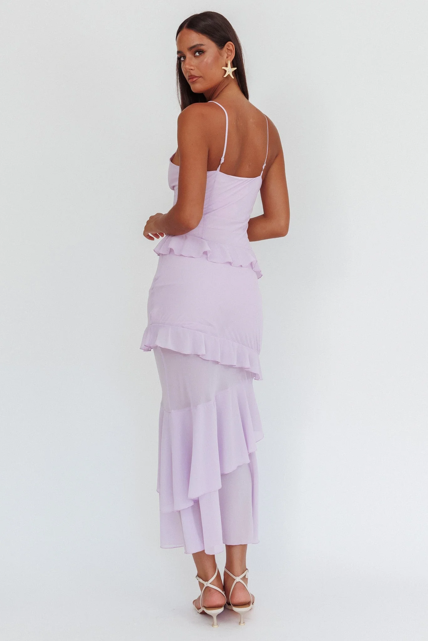 Marlie Frill Trim Rosette Maxi Dress Lilac