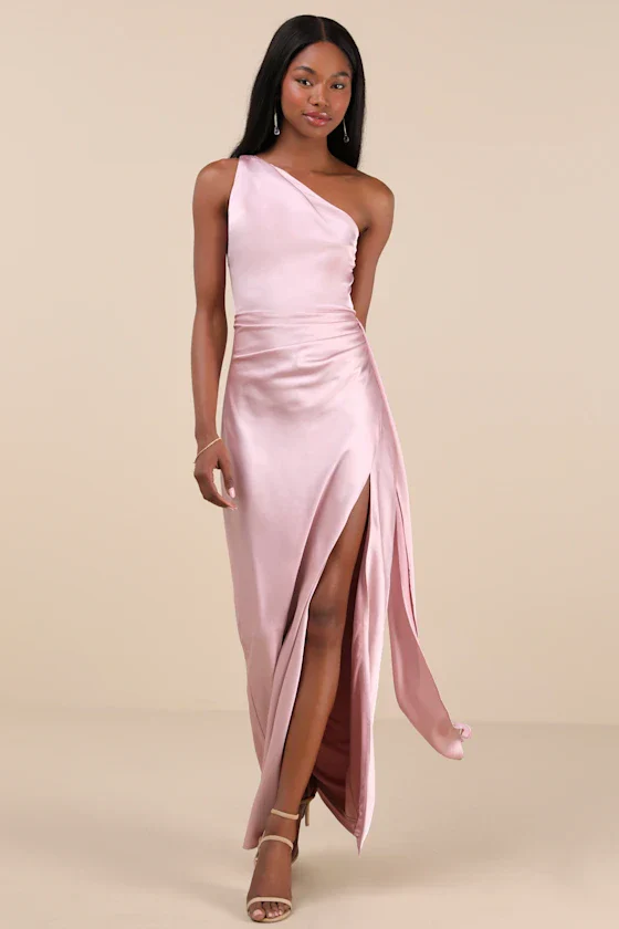 Signature Elegance Dusty Lavender Satin One-Shoulder Maxi Dress