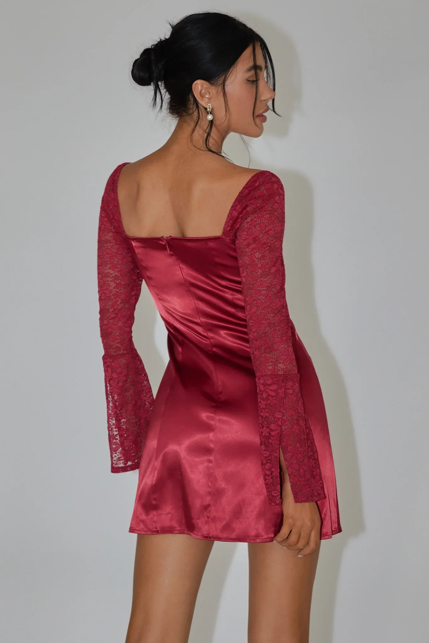 Ti Amo Lace Bust Long Sleeve Mini Dress Wine