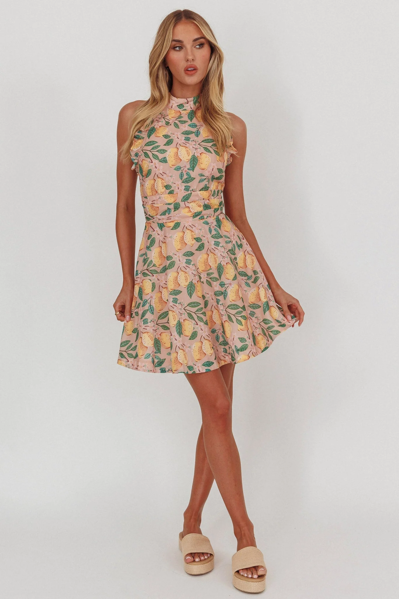 Miko Frill Trim Halter Mini Dress Lemon