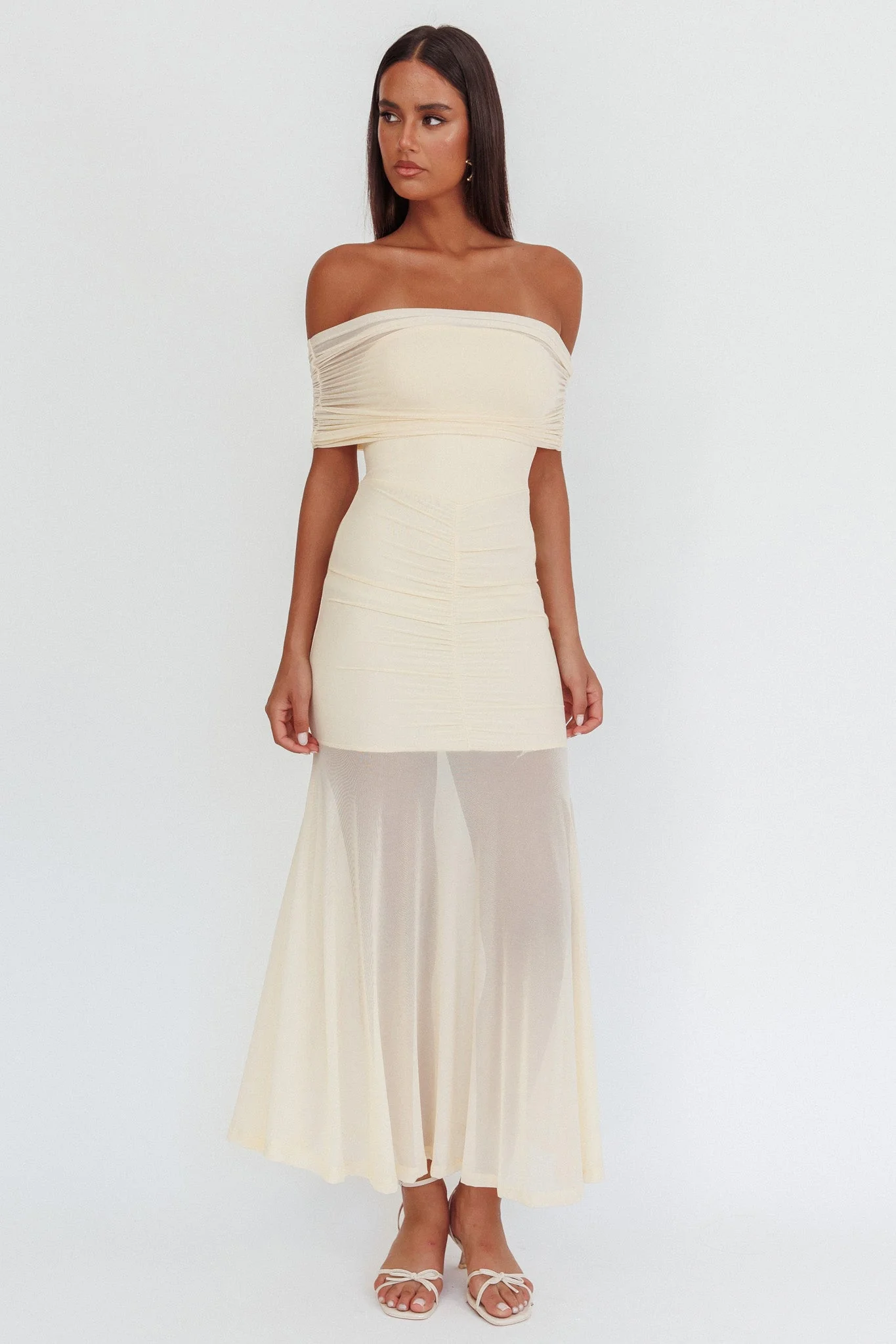 Clarita Sheer Ruched Maxi Dress Cream