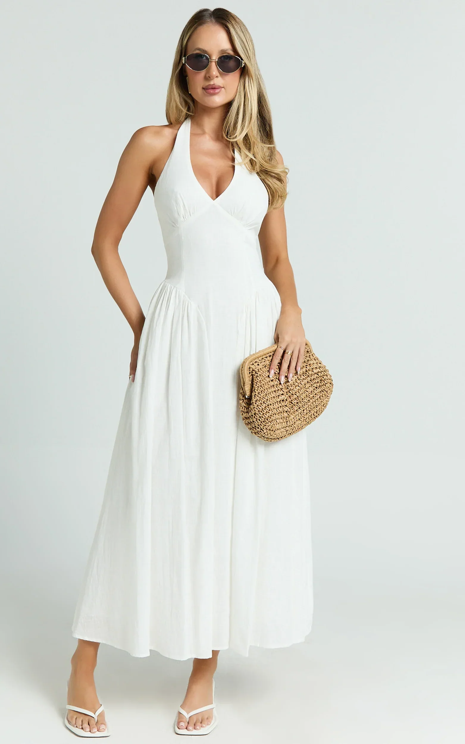 Athena Midi Dress Halter Drop Waist Dress in White