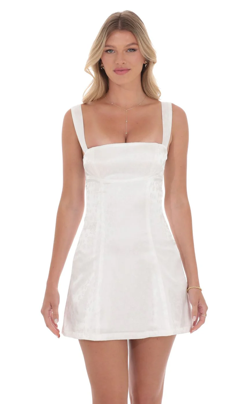 Satin Jacquard Back Bow Bodycon Dress in White