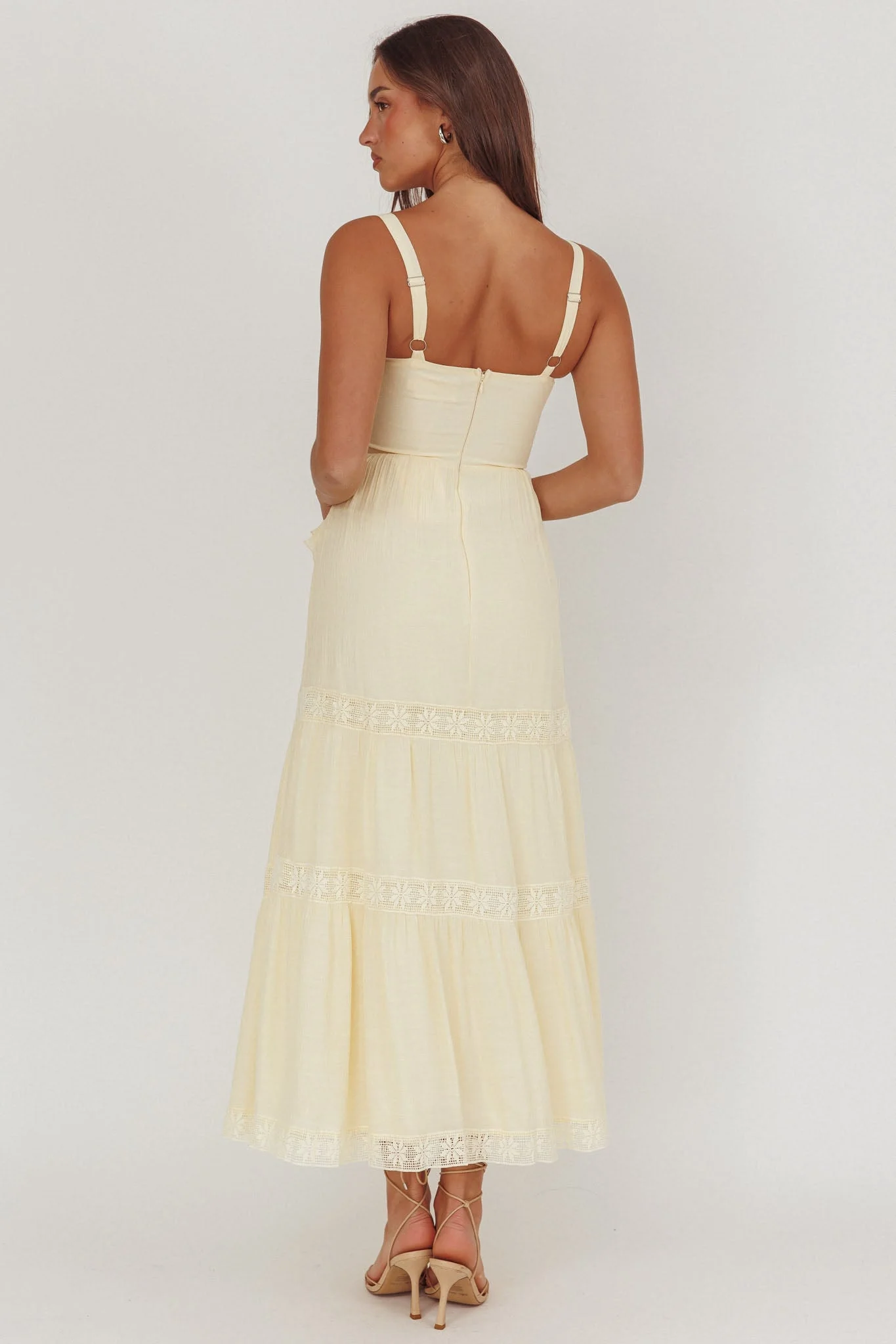 Vienna Sky Frill And Crochet Trim Maxi Dress Cream