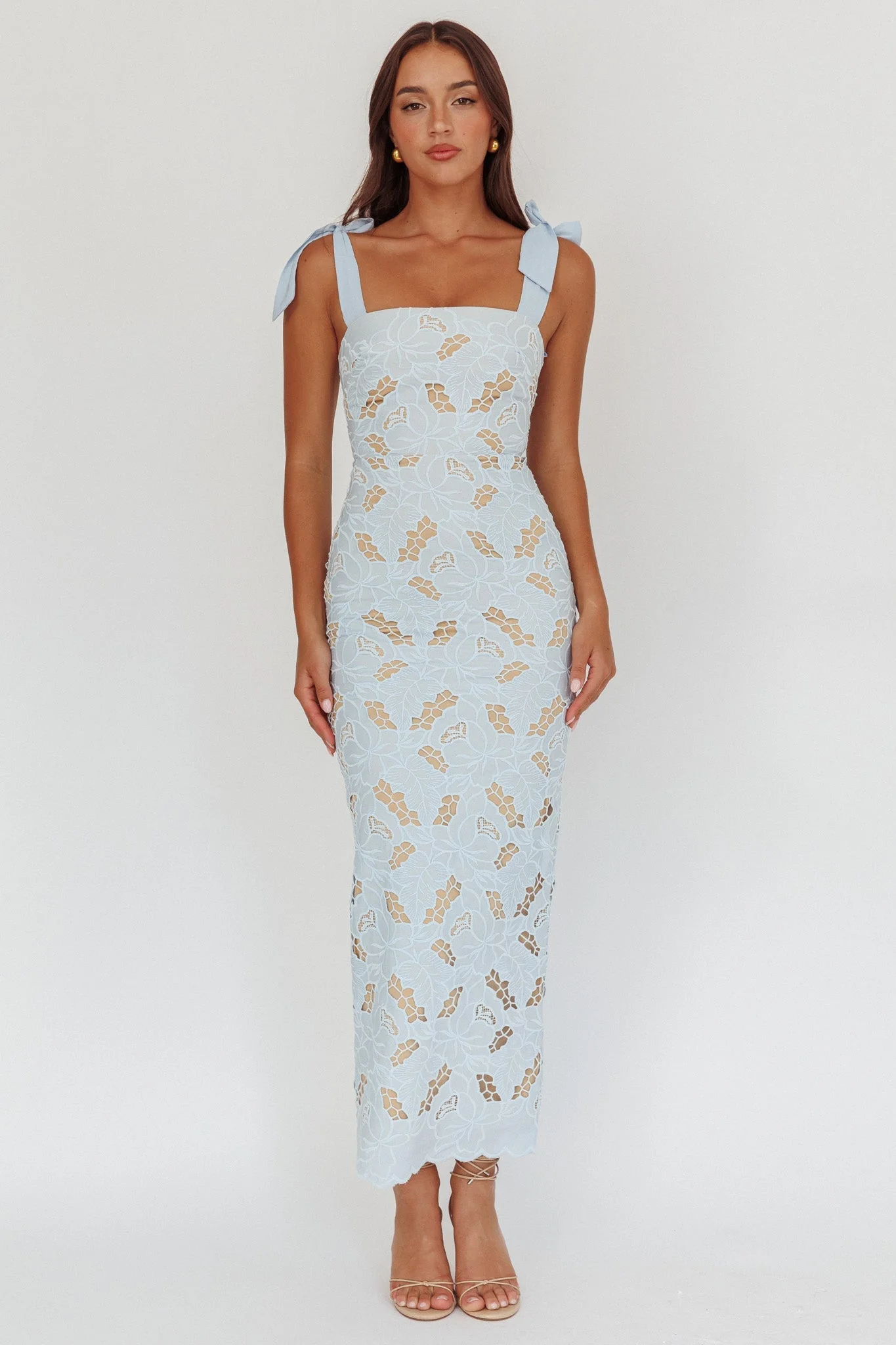 Coastal Bloom Tied Shoulder Maxi Dress Embroidered Baby Blue