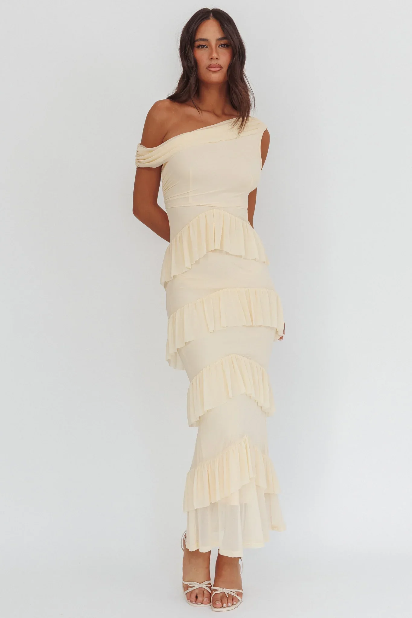 Anaisa Asymmetric Neckline Frill Maxi Dress Cream