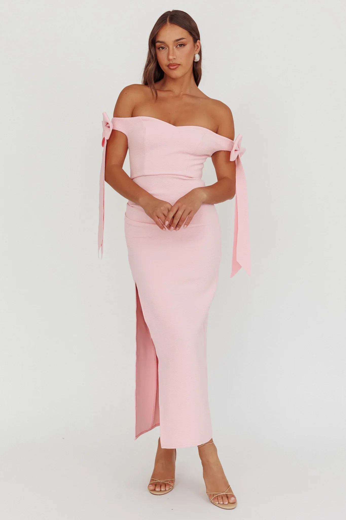 Have Faith Off-Shoulder Bow Sleeve Maxi Dress Baby Pink