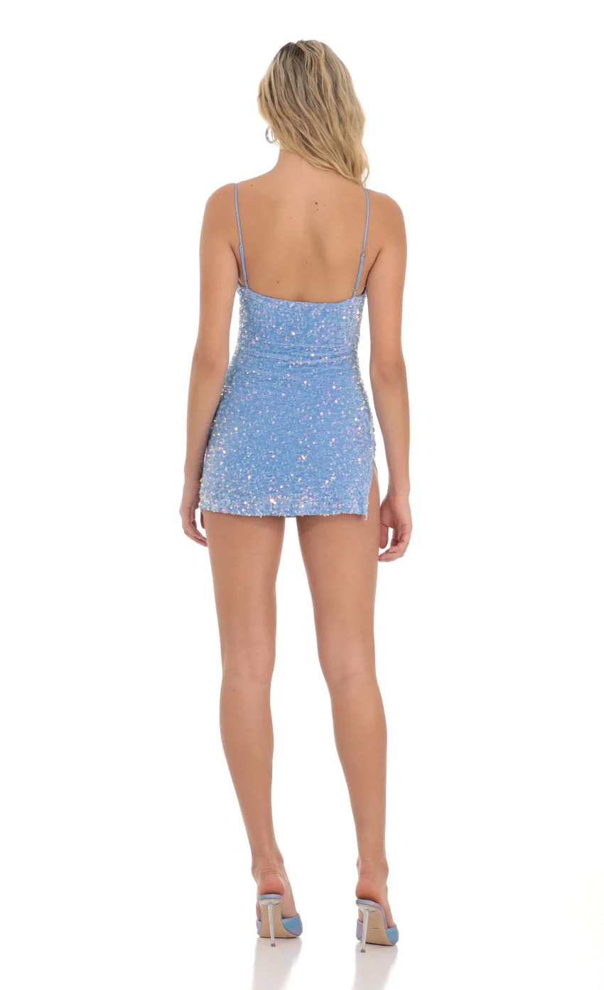 Velvet Iridescent Sequin Bodycon Dress in Blue