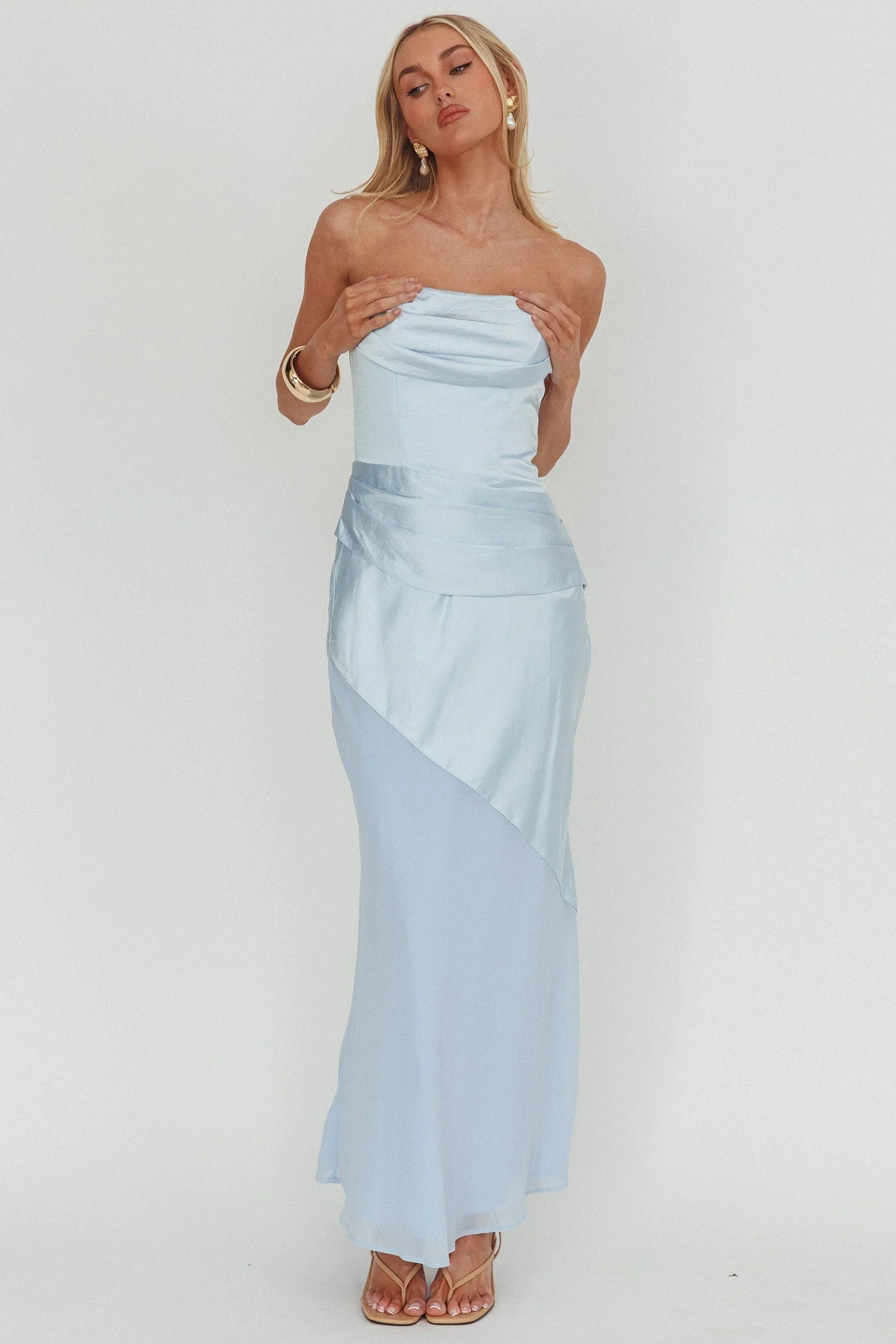 Moon Aura Pleat Detail Strapless Maxi Dress Blue