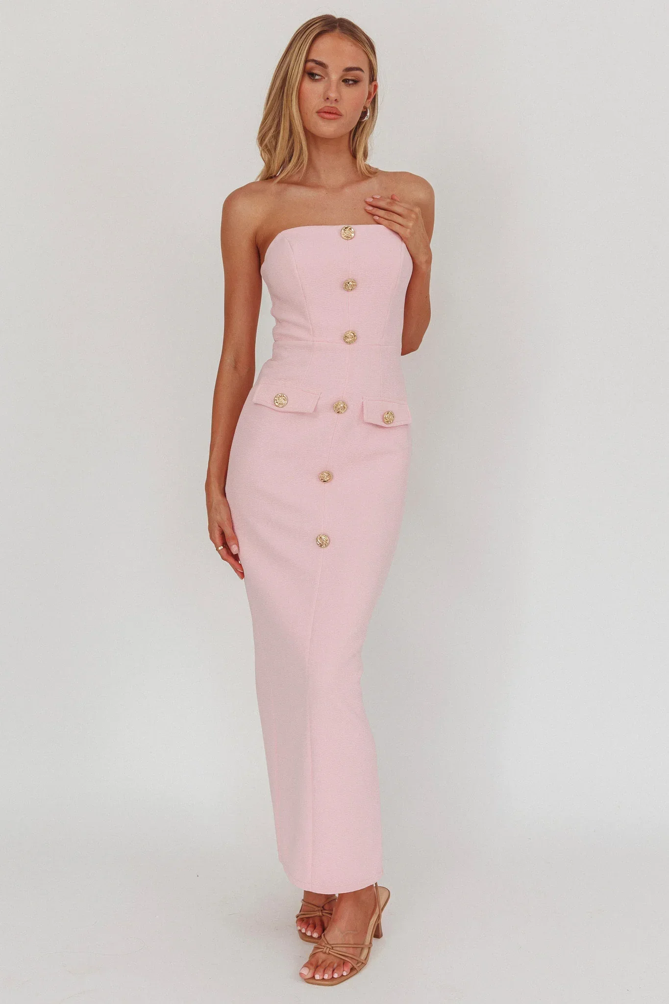 She Is Button Front Strapless Maxi Dress Pink