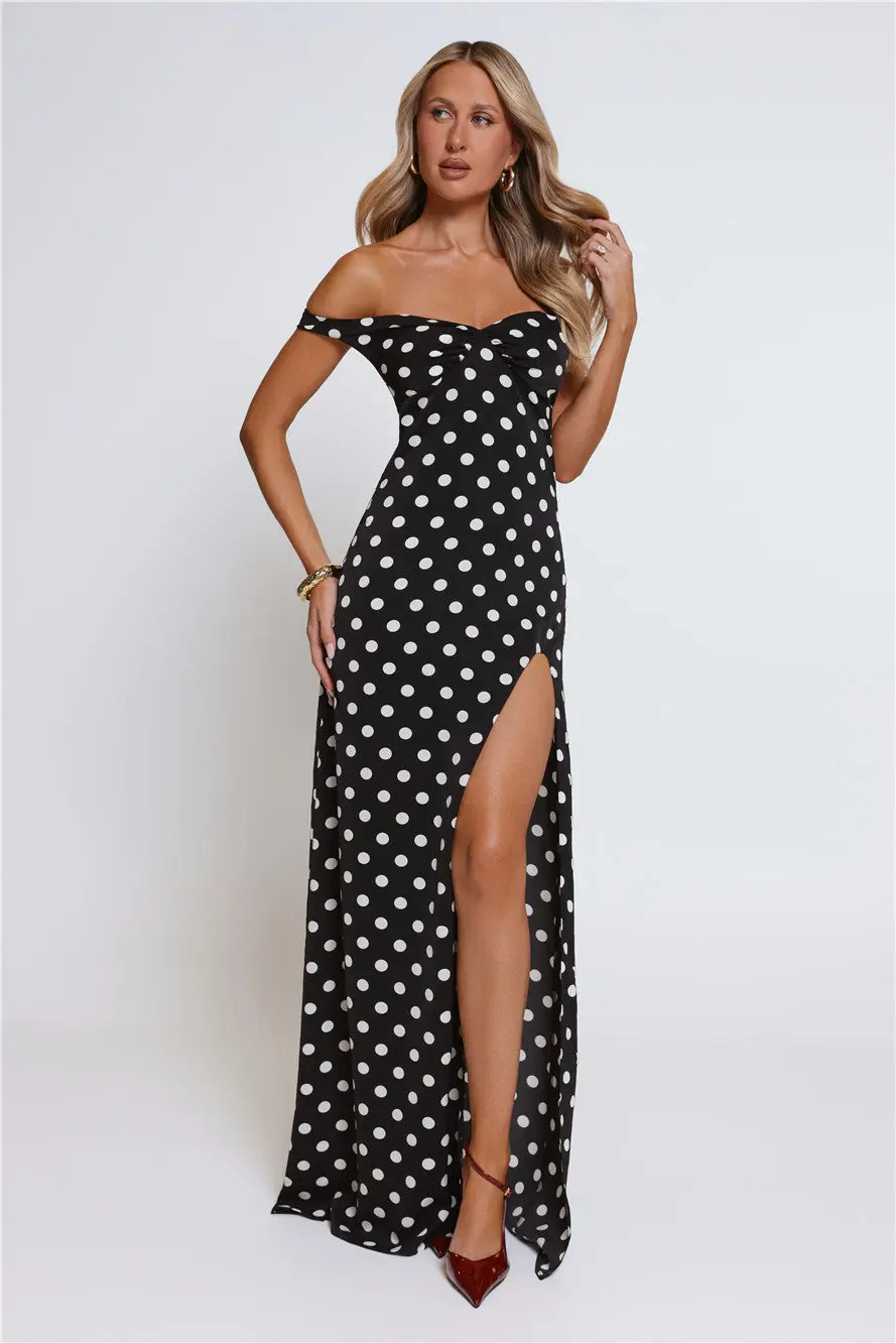 Trending Live Off Shoulder Polka Dot Maxi Dress Black