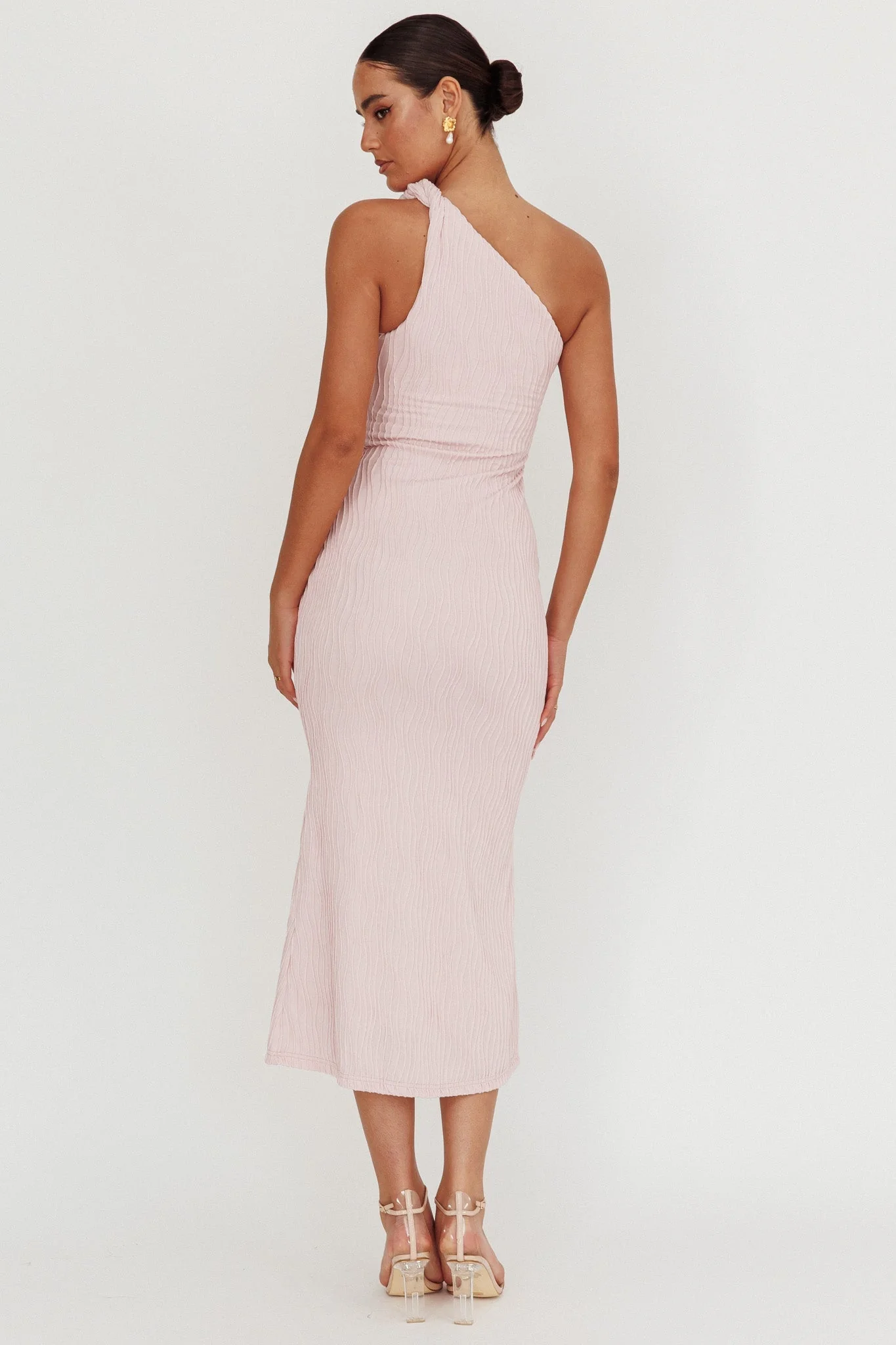 Lingering Love One-Shoulder Twist Midi Dress Blush
