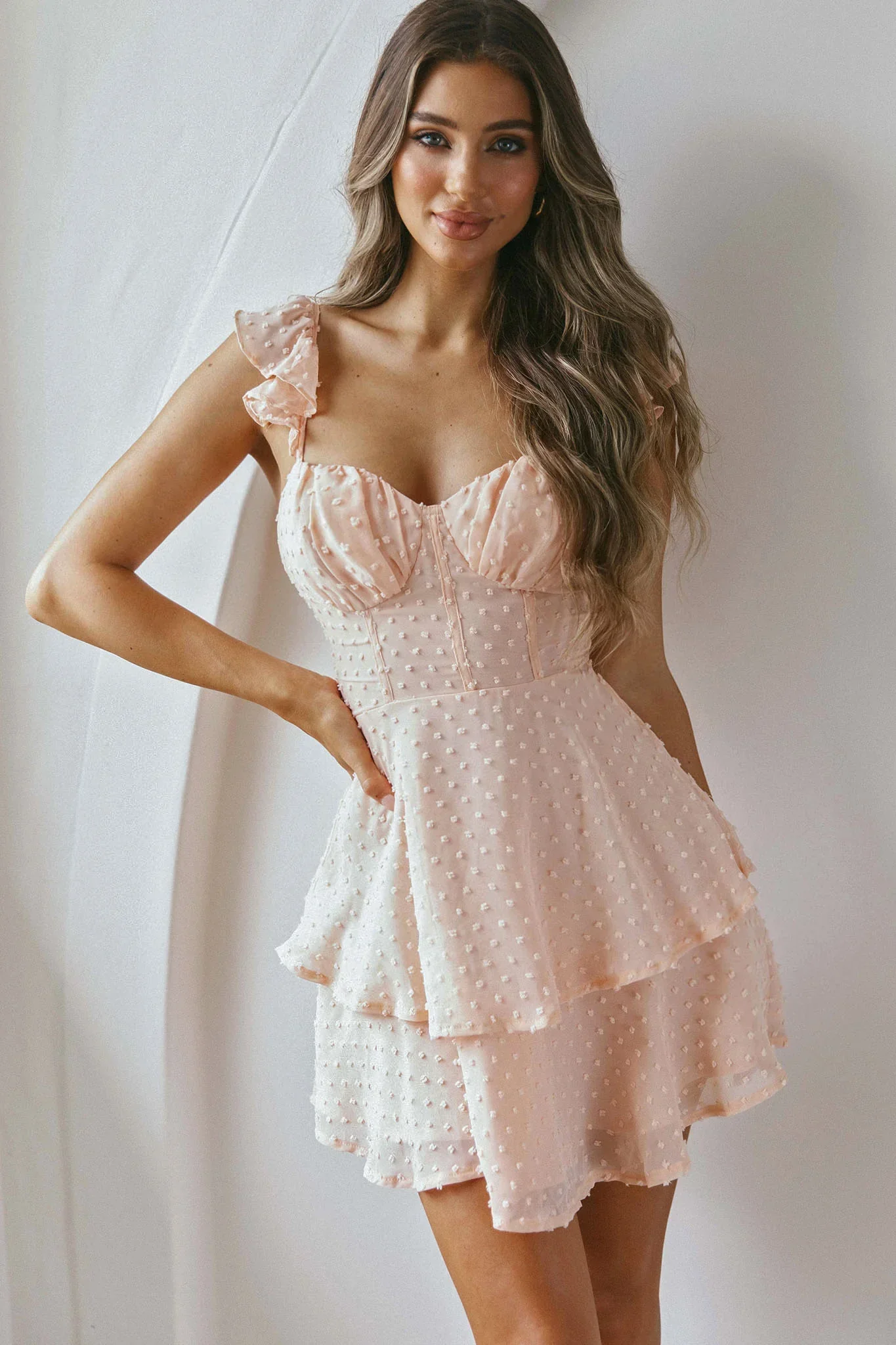 Theory Sweetheart Neckline Frill Strap Mini Dress Textured Peach