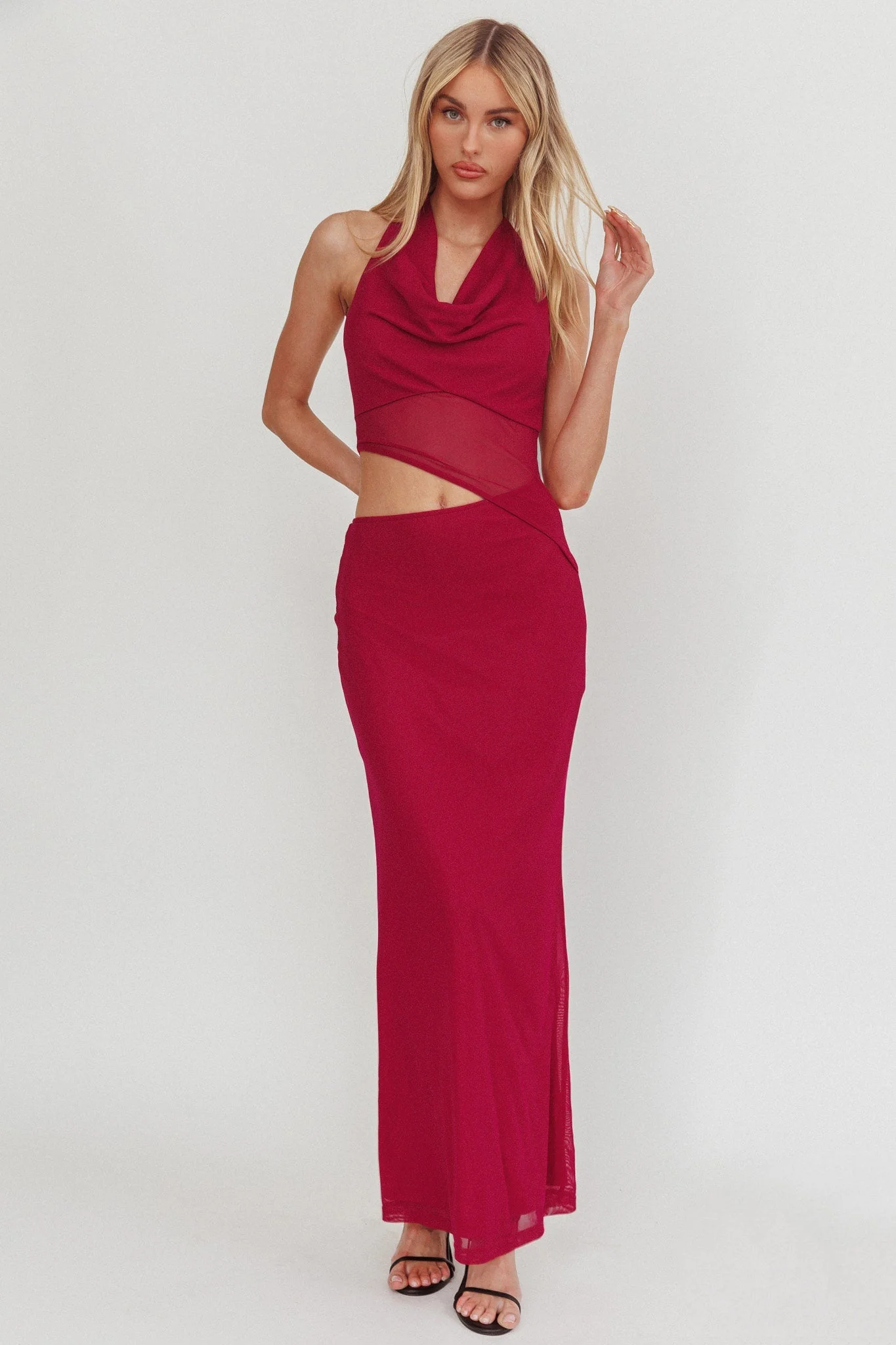 Playing Games Cut-Out Cowl Halter Dress Berry