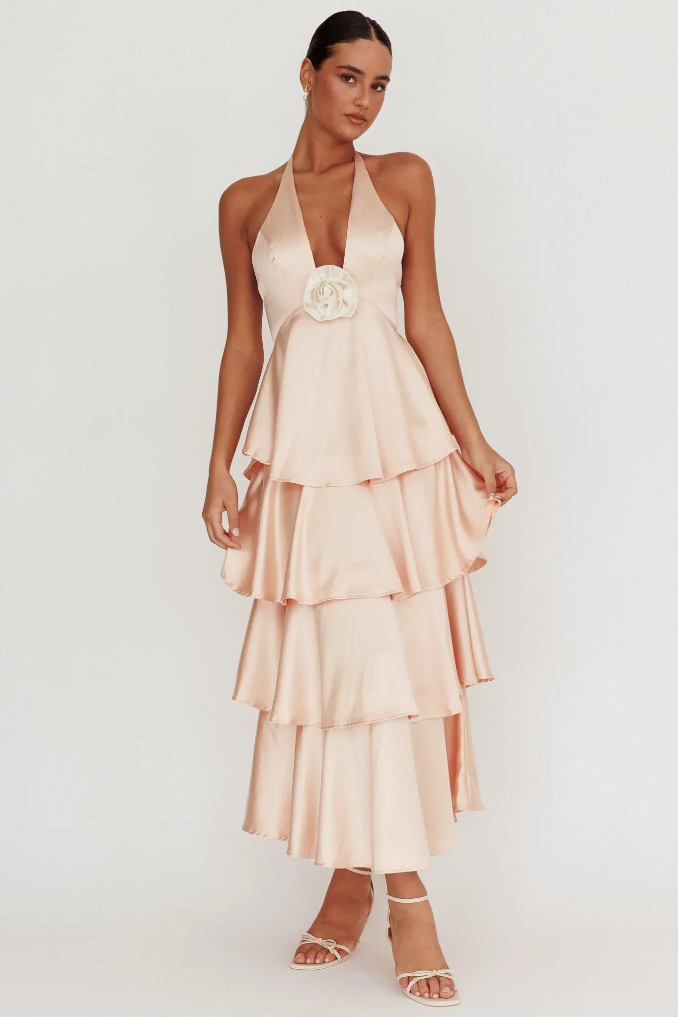 Catalina Tiered Ruffle Rosette Maxi Dress Peach