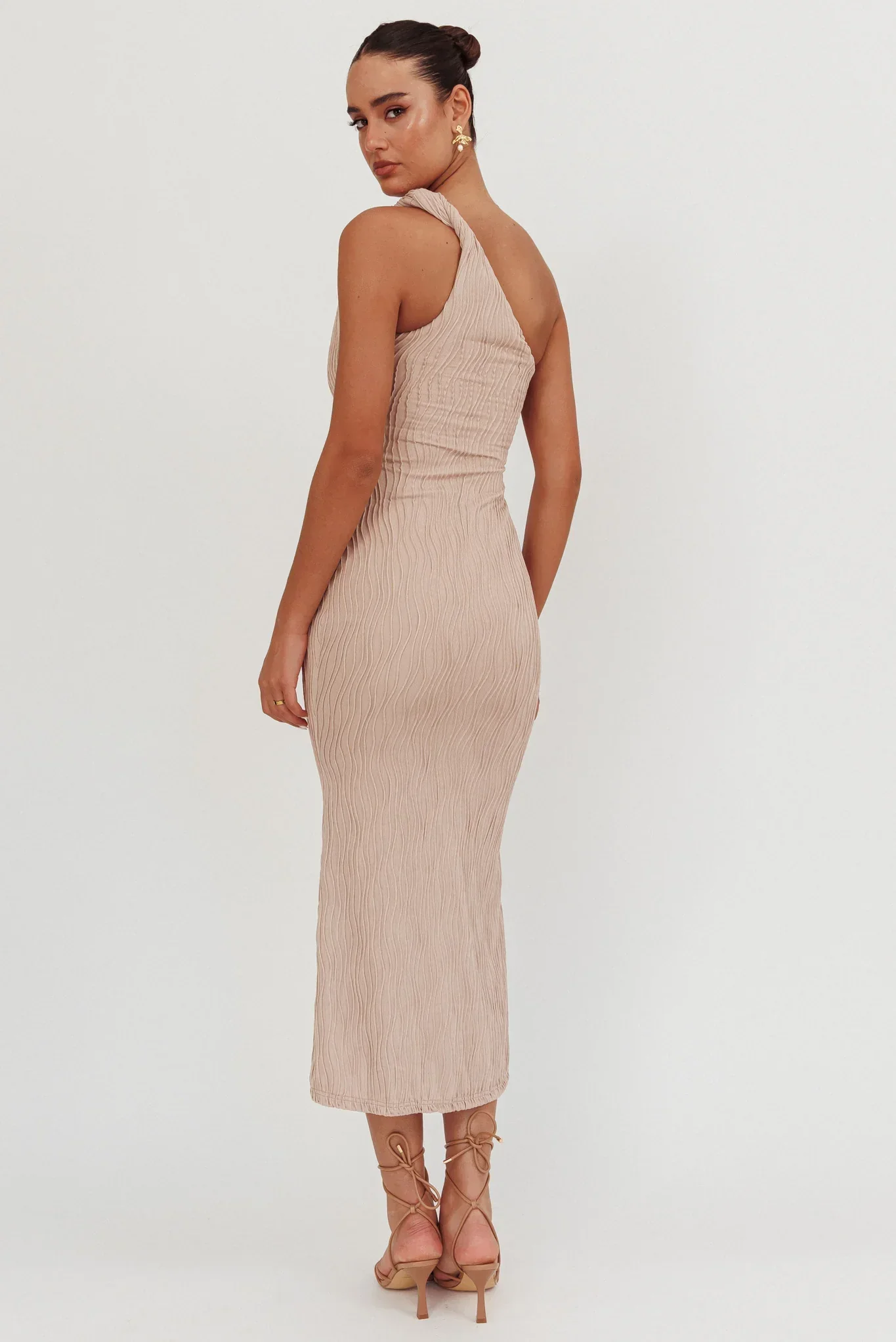 Lingering Love One-Shoulder Twist Midi Dress Beige