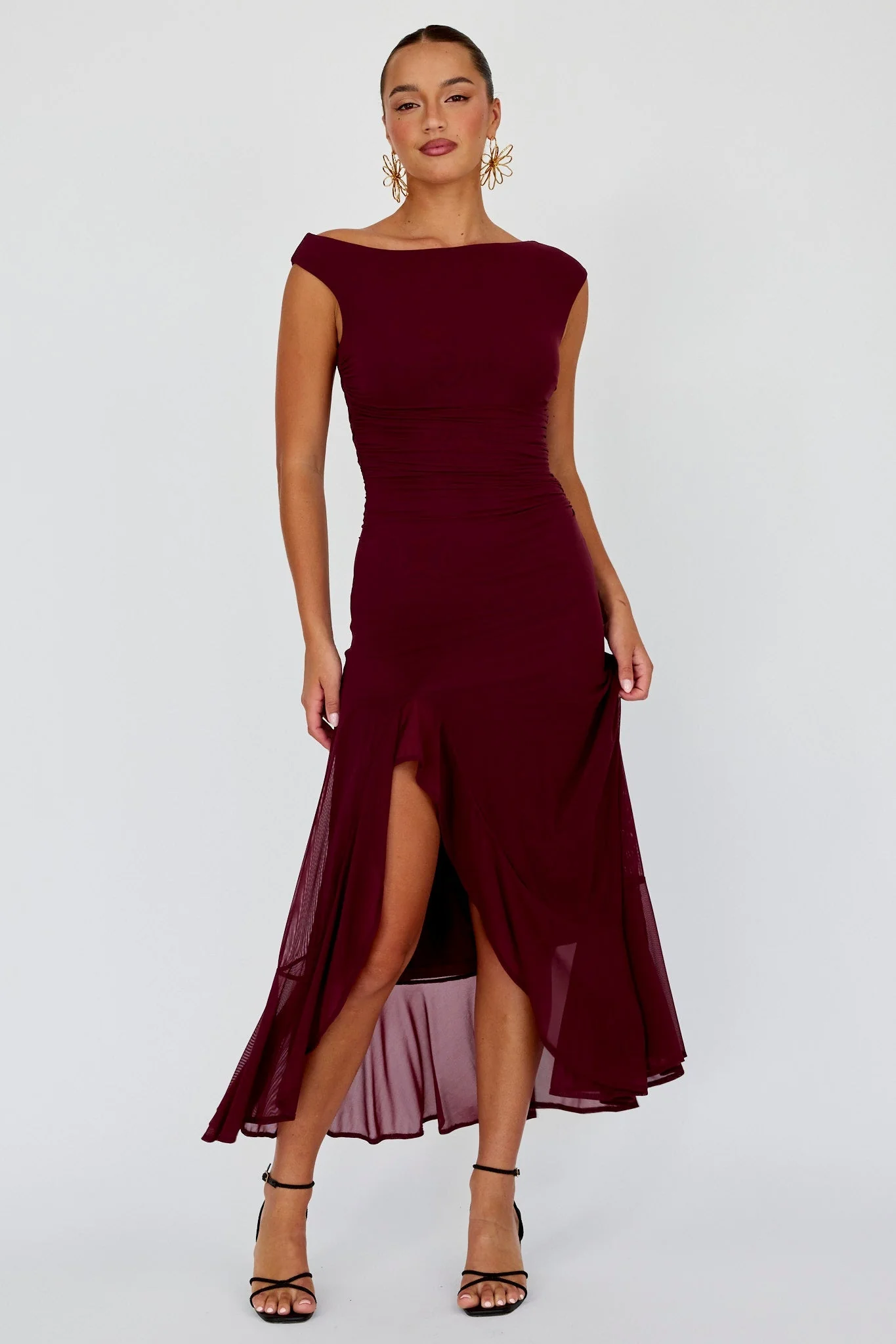 Moonlit Magic Asymmetric Neckline Maxi Dress Wine